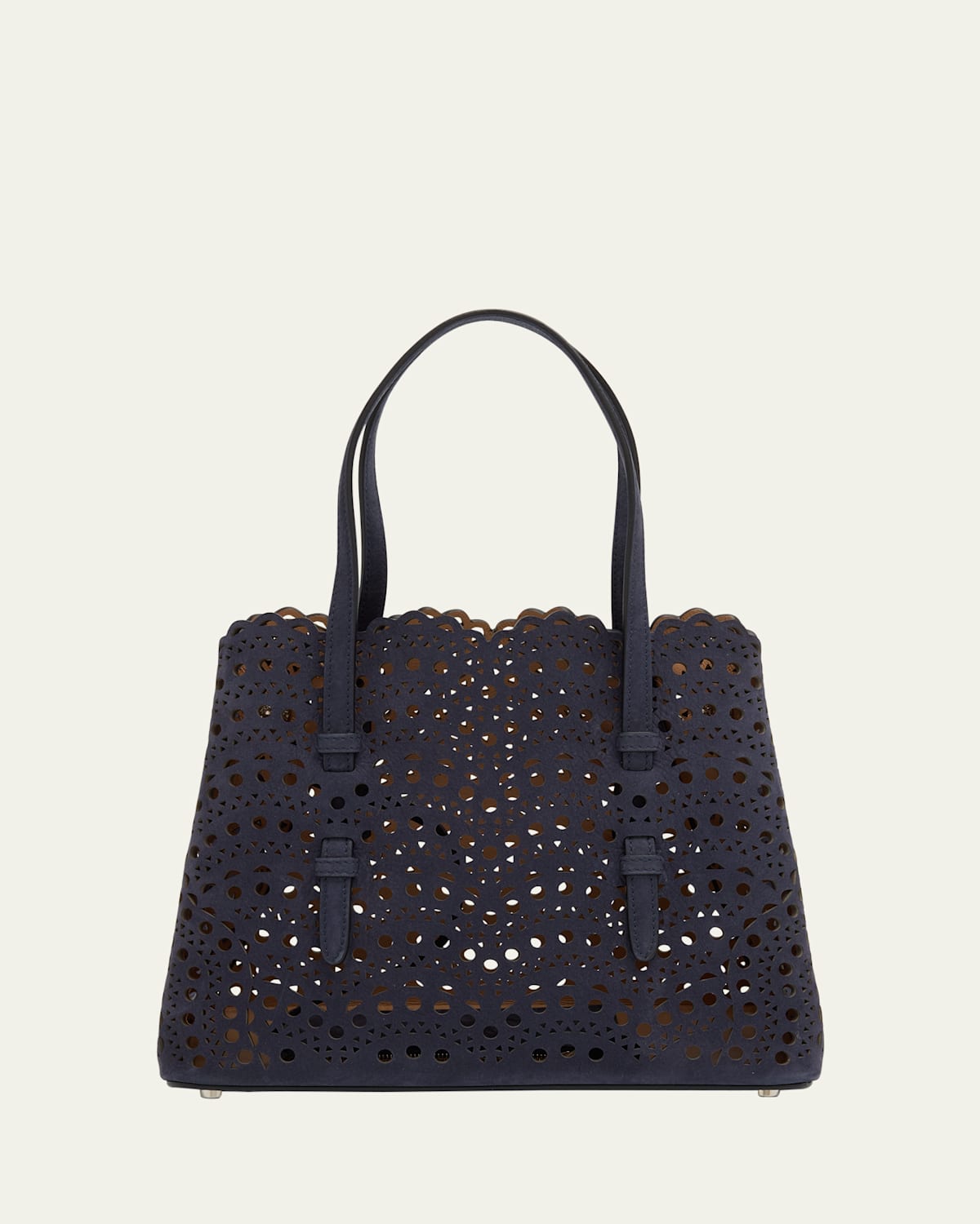Alaïa Mina 25 Tote Bag In Perforated Nubuck Leather In 530  Bleu Fonce