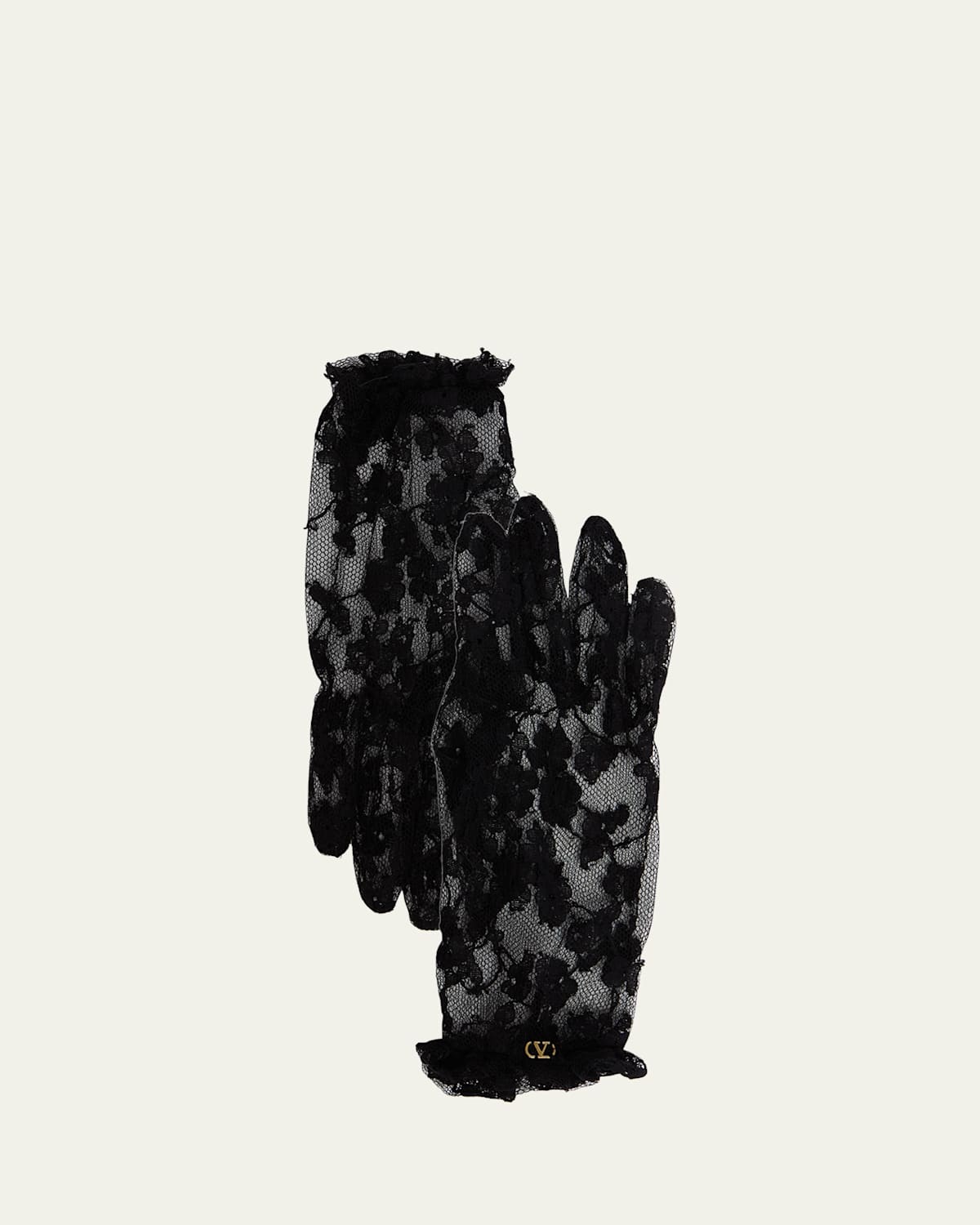 Valentino Floral Lace Cotton Blend Gloves In N06 Nero Oro