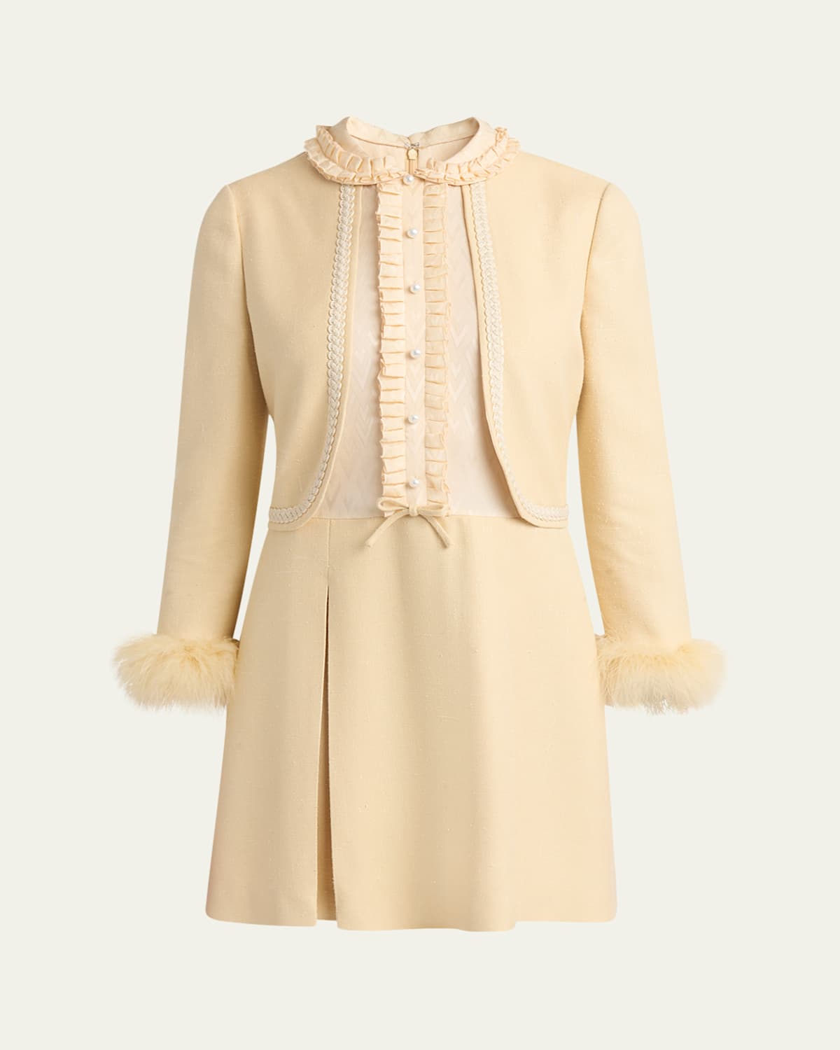 Valentino Feather-trimmed Embellished Jacquard And Woven Mini Dress In Nude