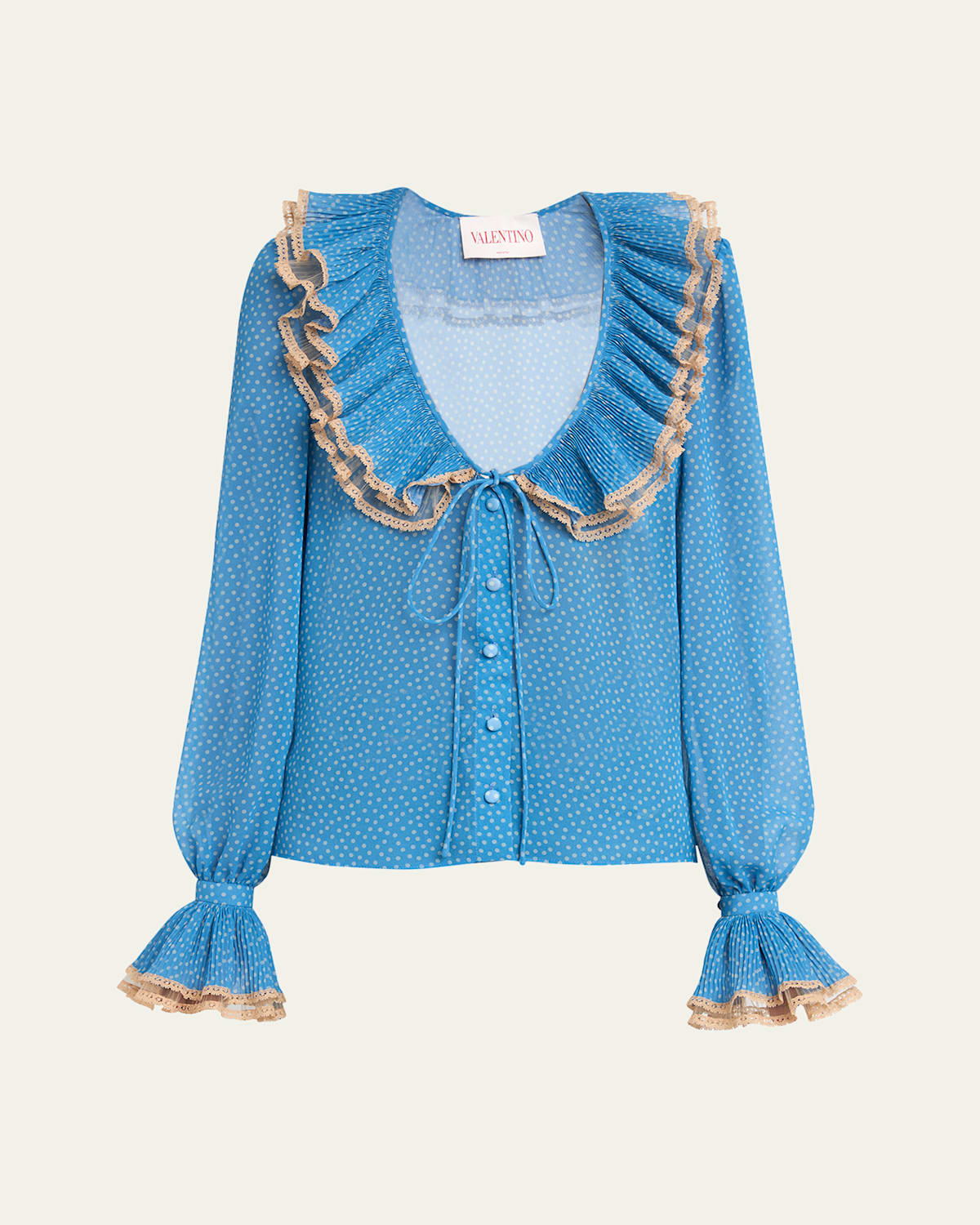 Shop Valentino Ruffle Polka Dot Lace Trim Blouse In Blue Navy