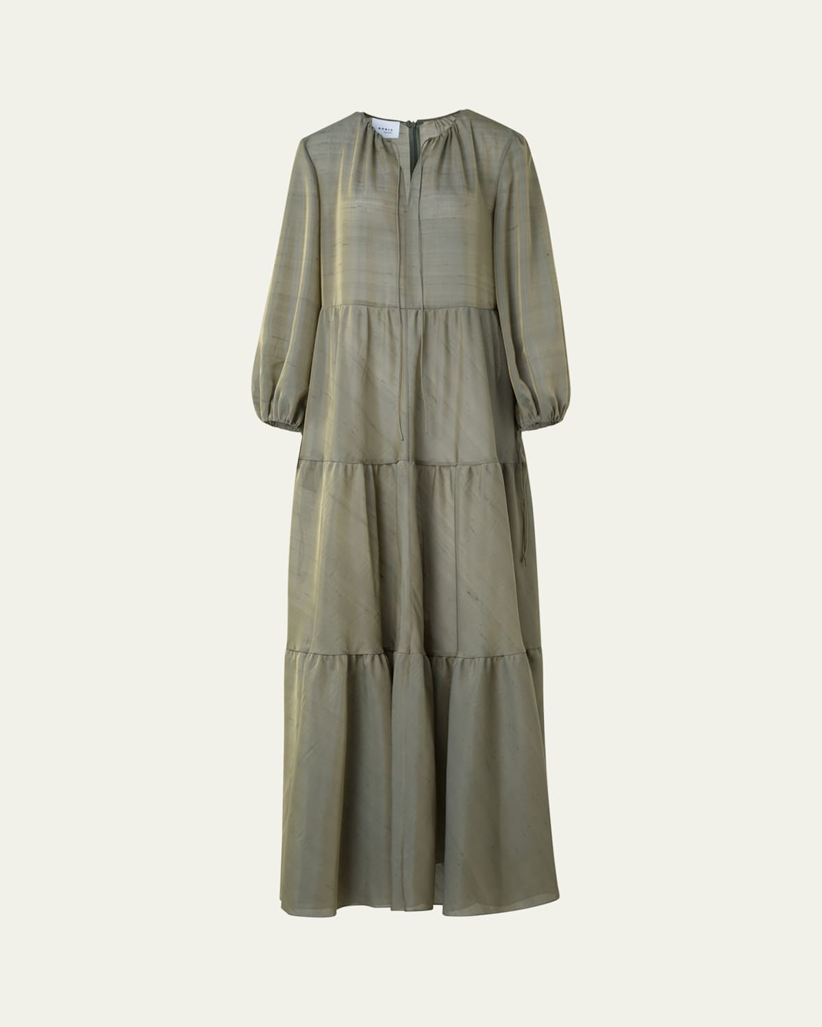 Long-Sleeve Tiered Silk Batiste A-Line Maxi Dress