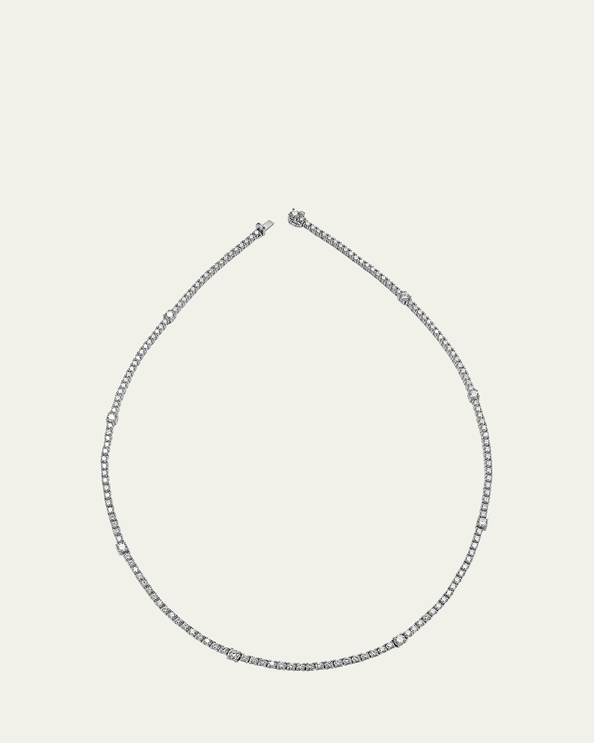 18K White Gold Pavé Riviera Necklace with Diamond Stations, 16"L