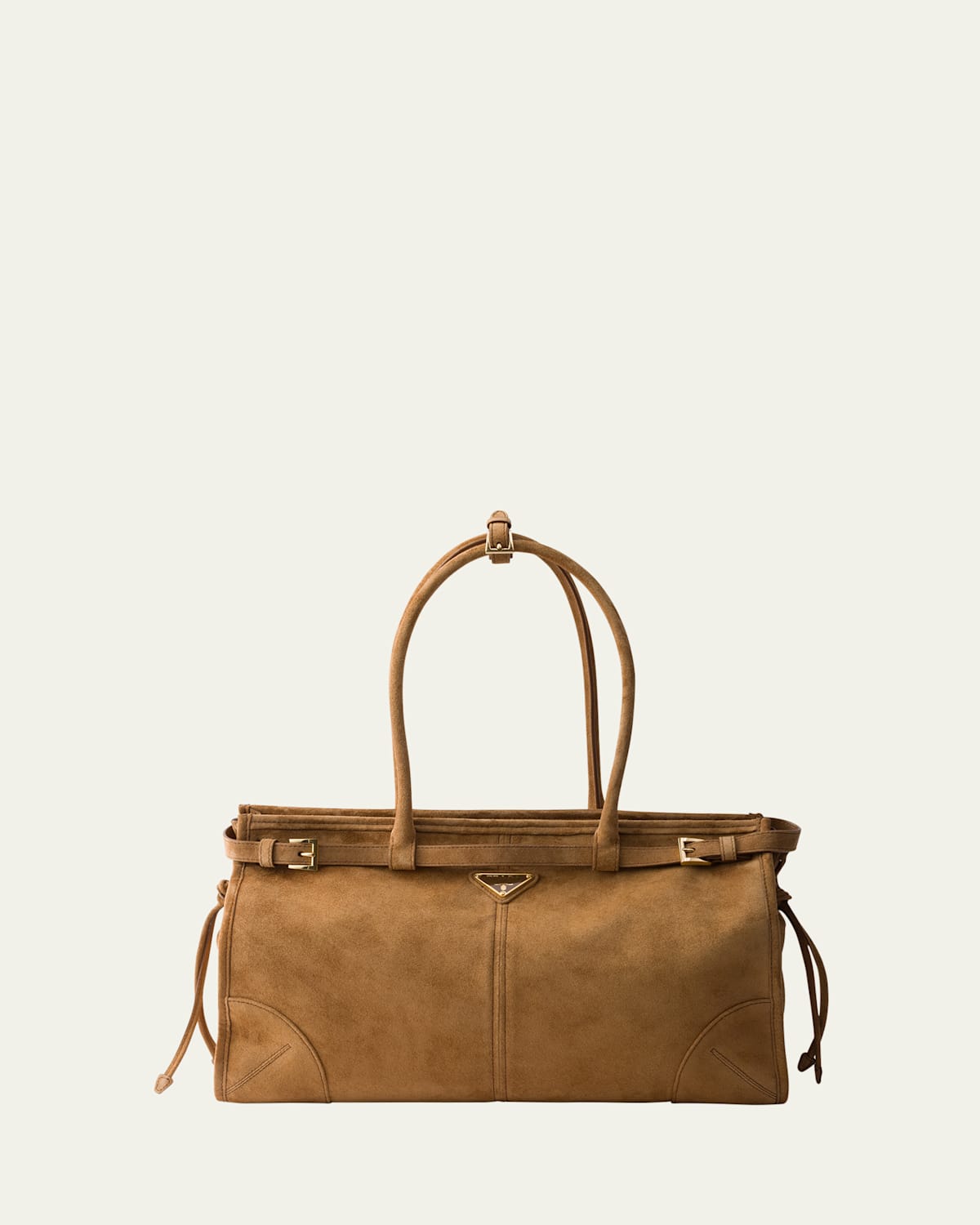 Prada Large Enamel Triangle Logo Belted Handbag In Brown