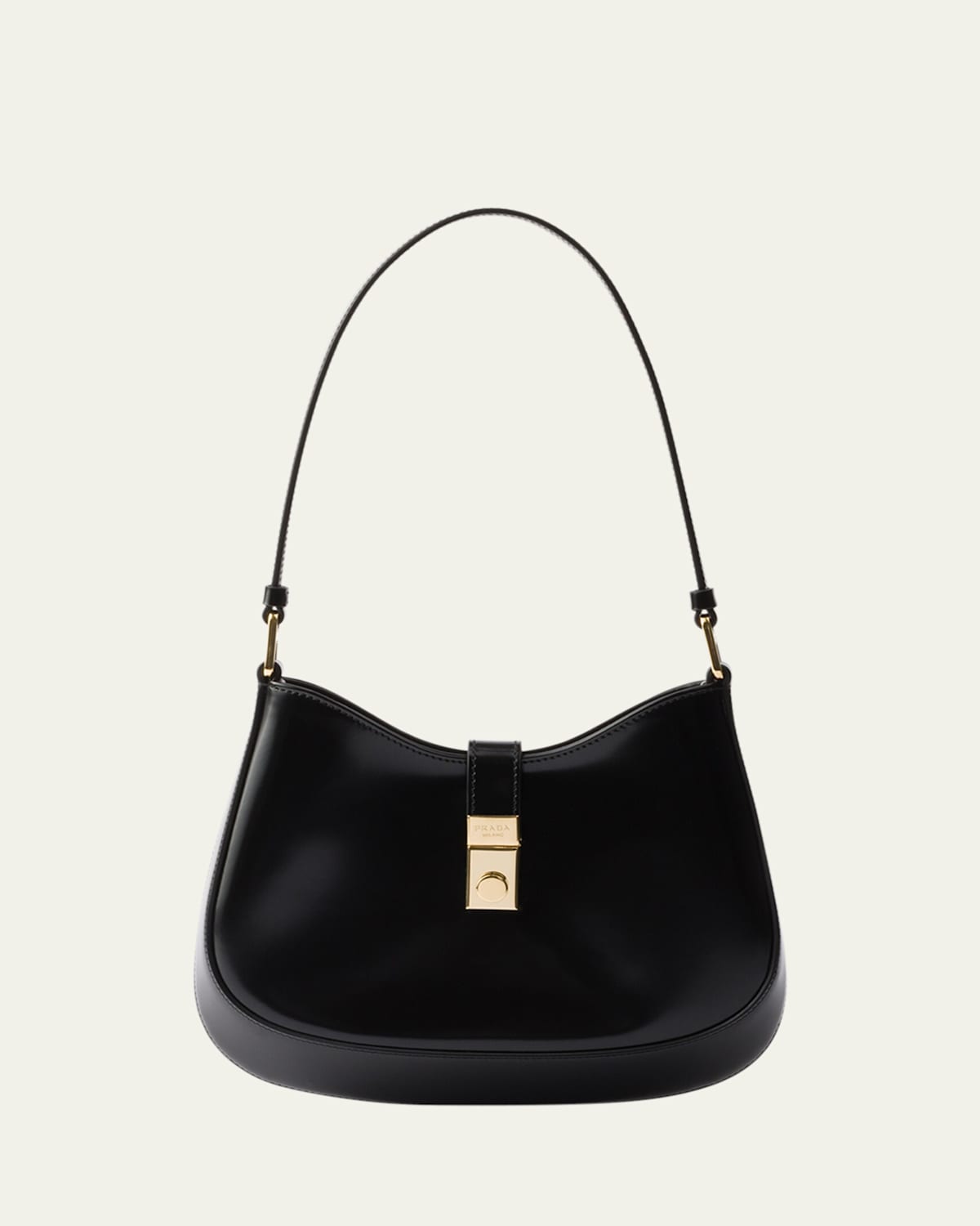 Prada Cleo Brushed Leather Shoulder Bag With Clasp Closure In Black