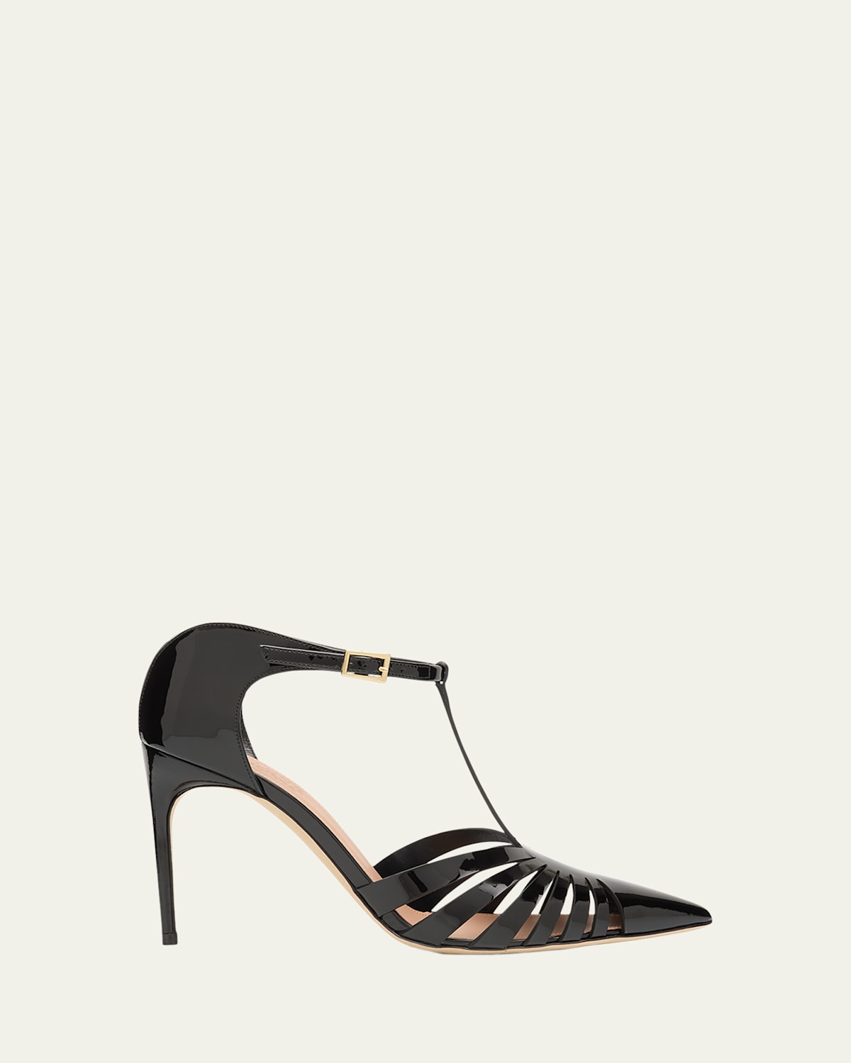 Jennifer Caged Patent Leather T-Strap Pumps