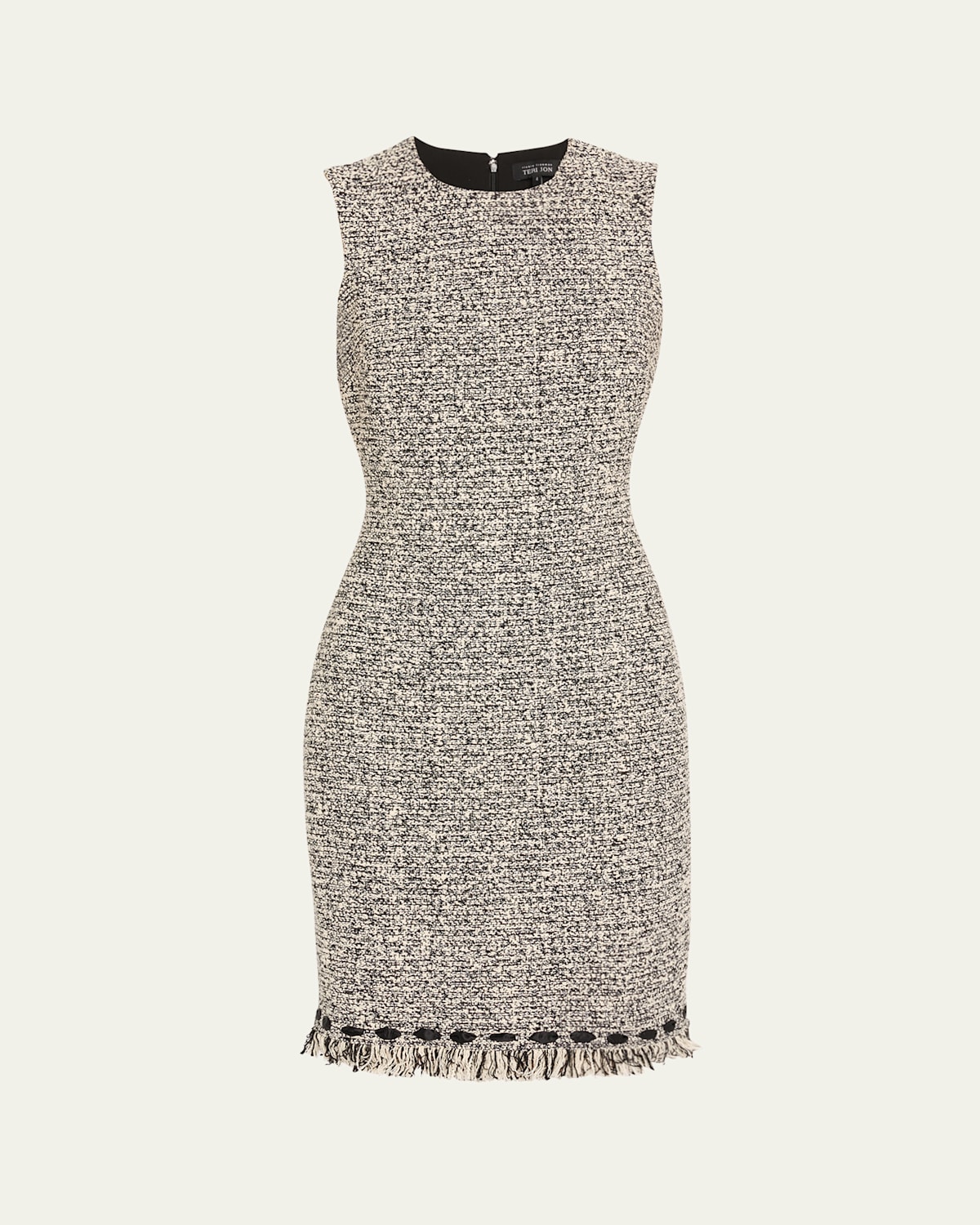 Ribbon-Trim Fringed Tweed Dress