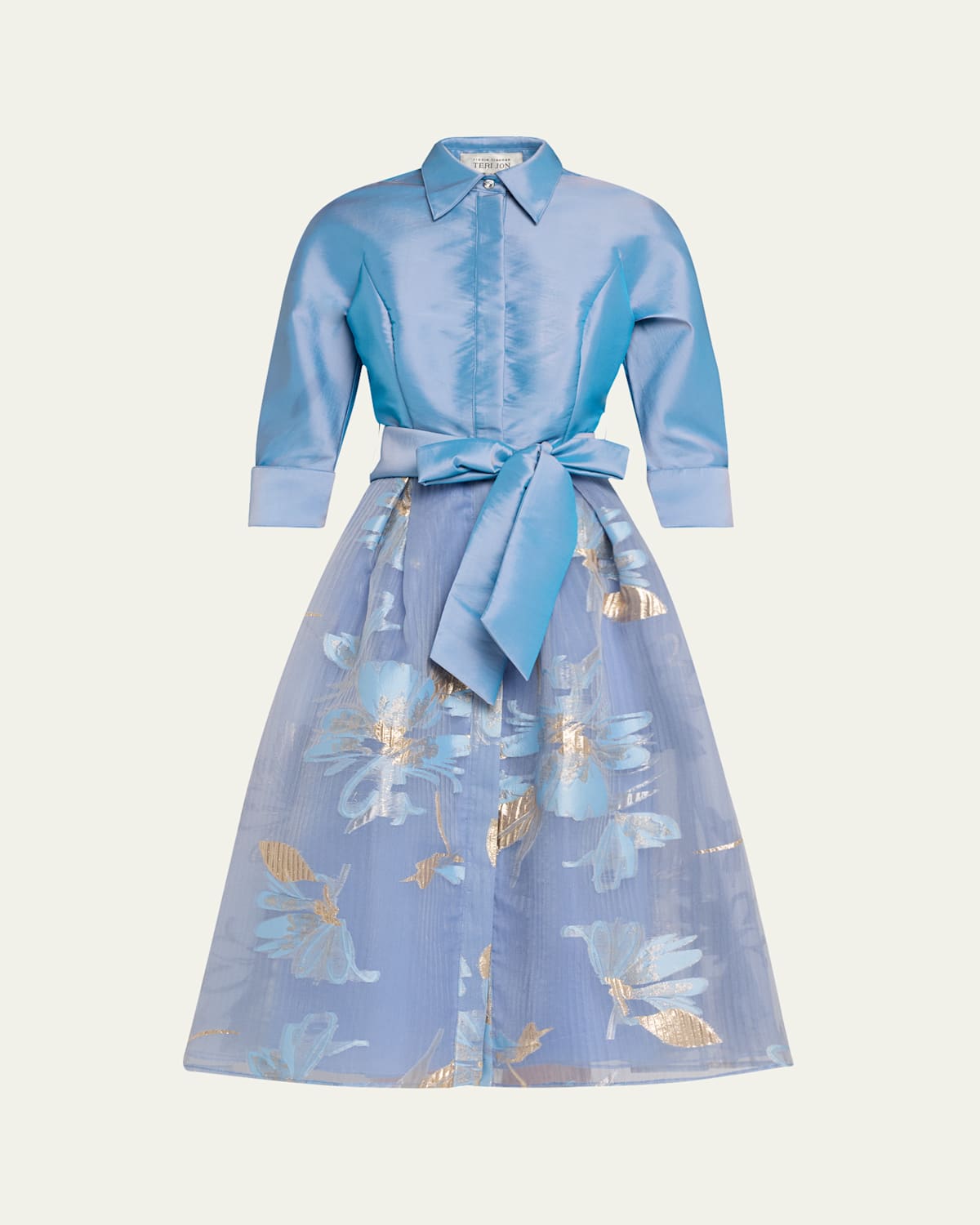 Taffeta & Floral Organza Midi Shirtdress