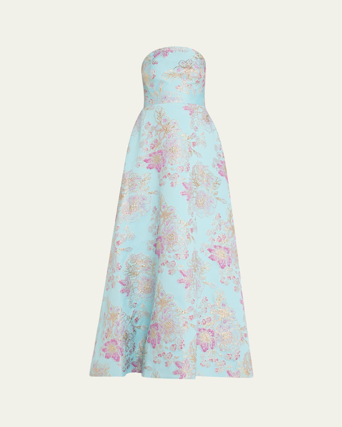 Rickie Freeman For Teri Jon Strapless Metallic Floral Jacquard Gown In Light Blue Multi