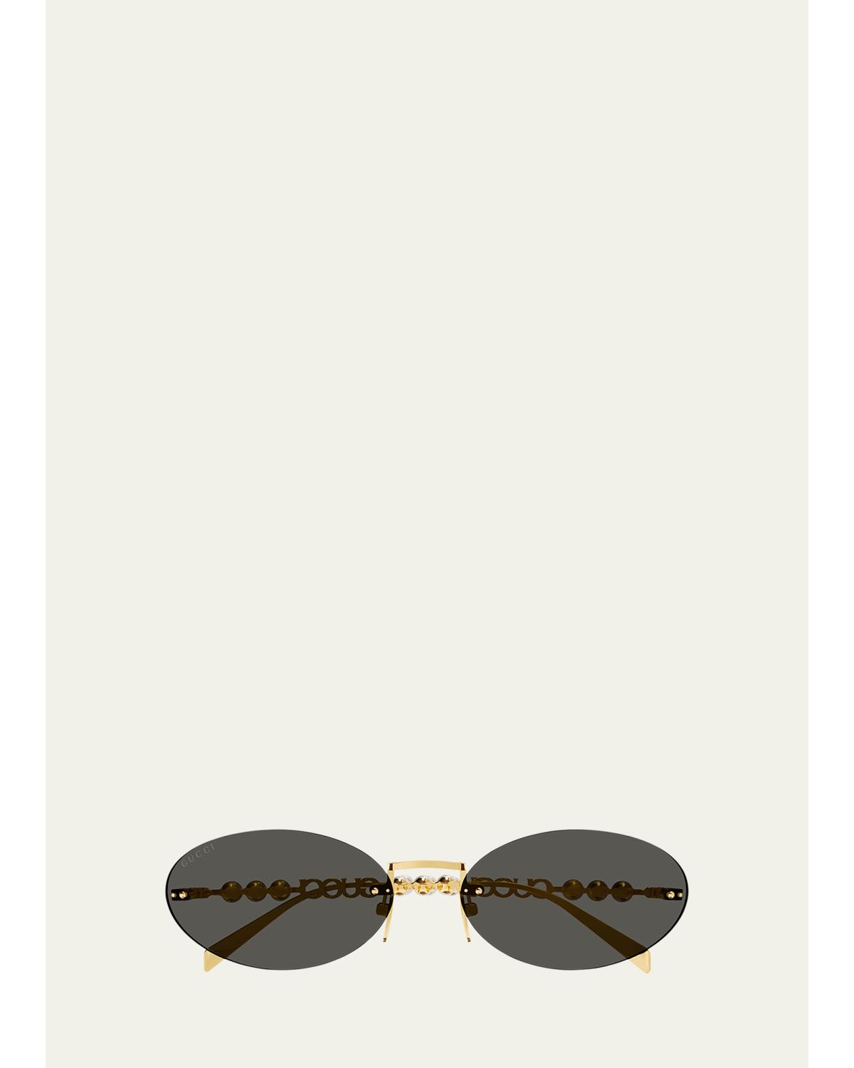 Gucci Rimless Metal Oval Sunglasses With Faux Pearls In Gold
