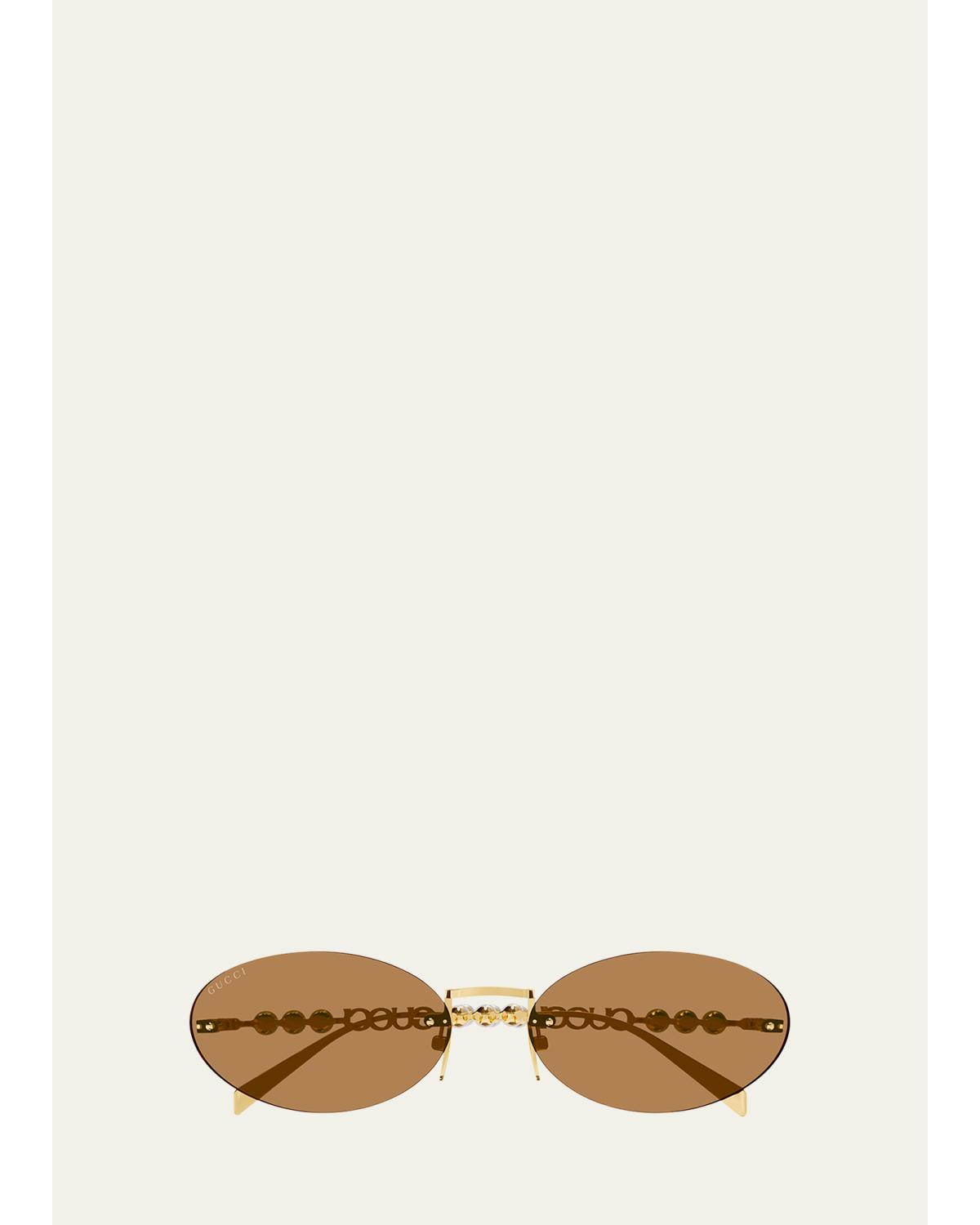 Rimless Metal Oval Sunglasses with Faux Pearls