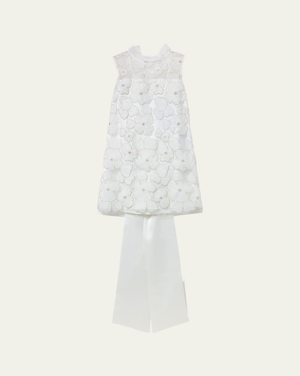Self-portrait White Crewneck Sleeveless Mini Dress With All-over Floral Embroidery And Maxi Bow On The Rear In Tec In White