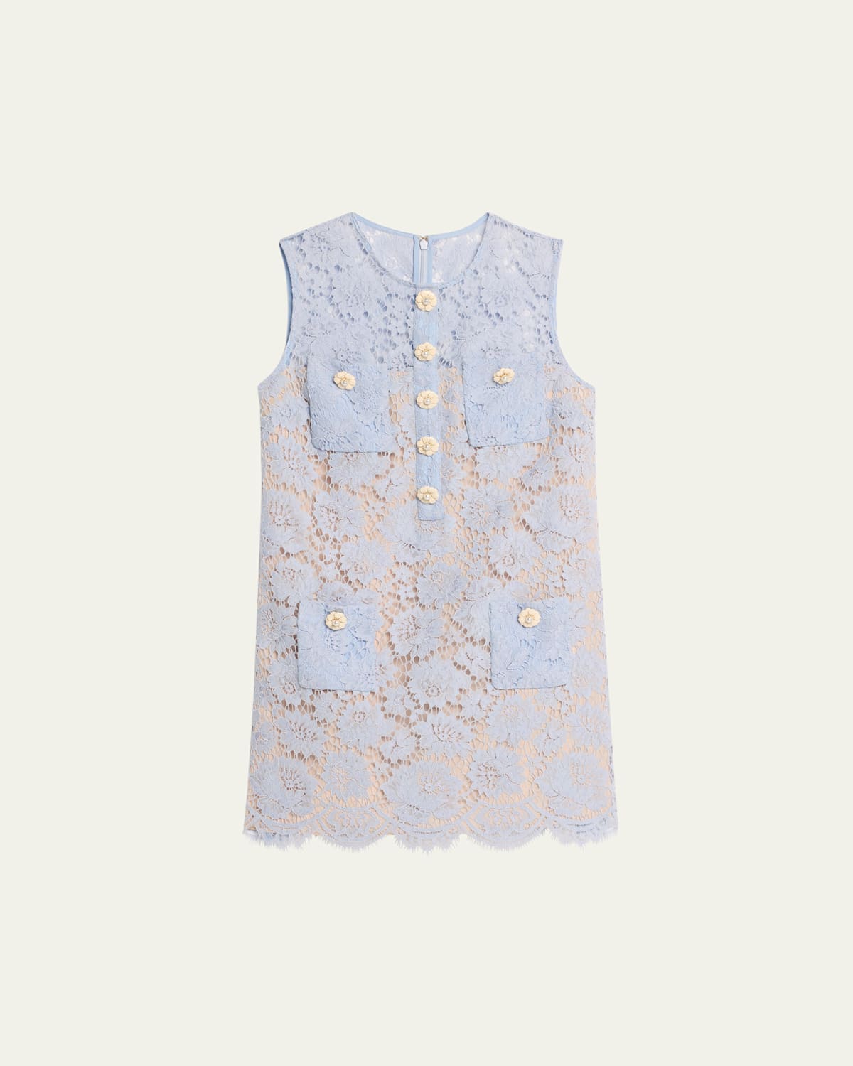 Self-portrait Blue Crewneck Mini Dress With All-over Lace Embroidery And Scallop Hem In Cotton Blend Woman In Blue