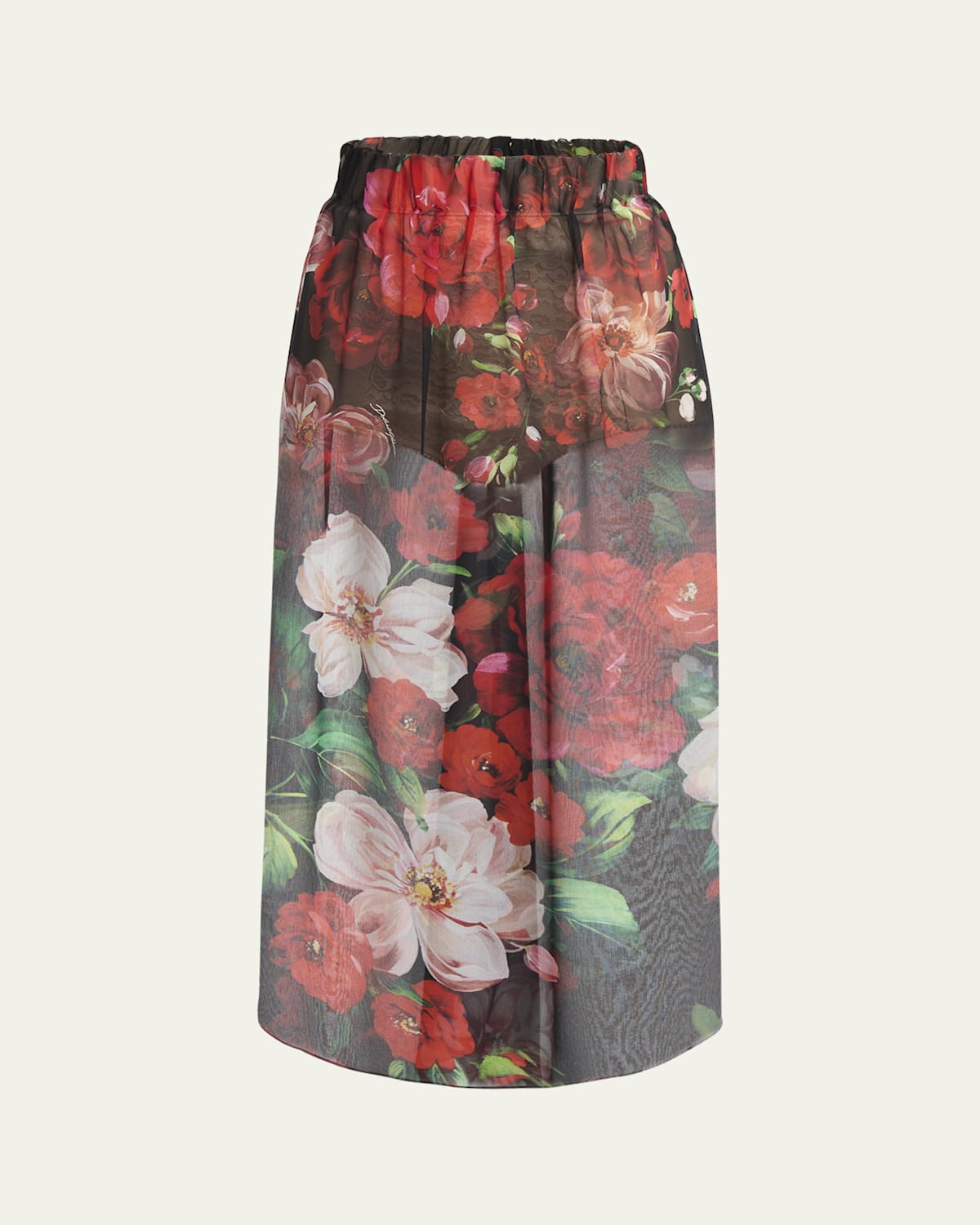 Dolce & Gabbana Bouquet Rose Chiffon Sheer Midi Skirt In Black