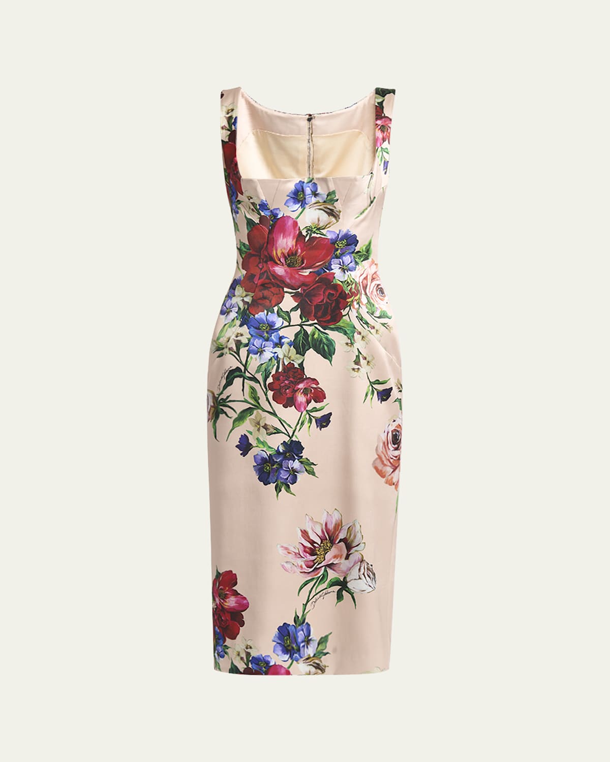 Dolce & Gabbana Satin Calf-length Sheath Dress With Floral Print In Beigprtflo
