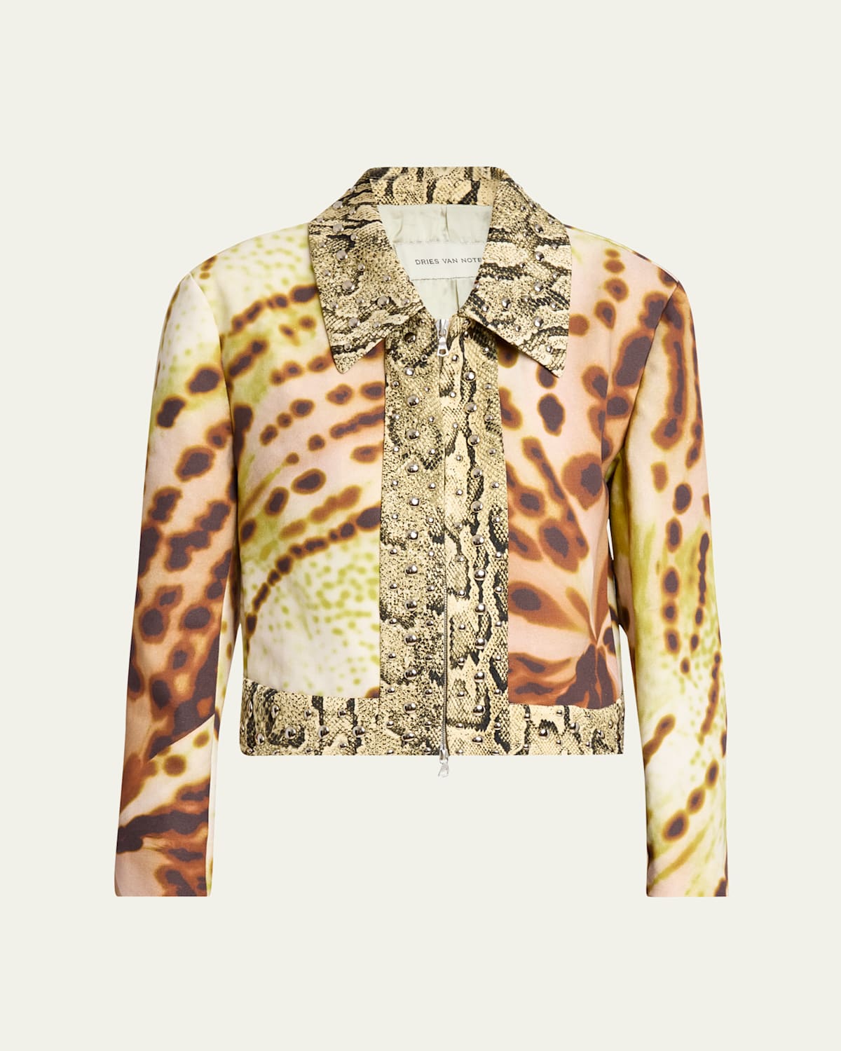 Dries Van Noten Vurano Studded Multi-print Zip Jacket In Olive