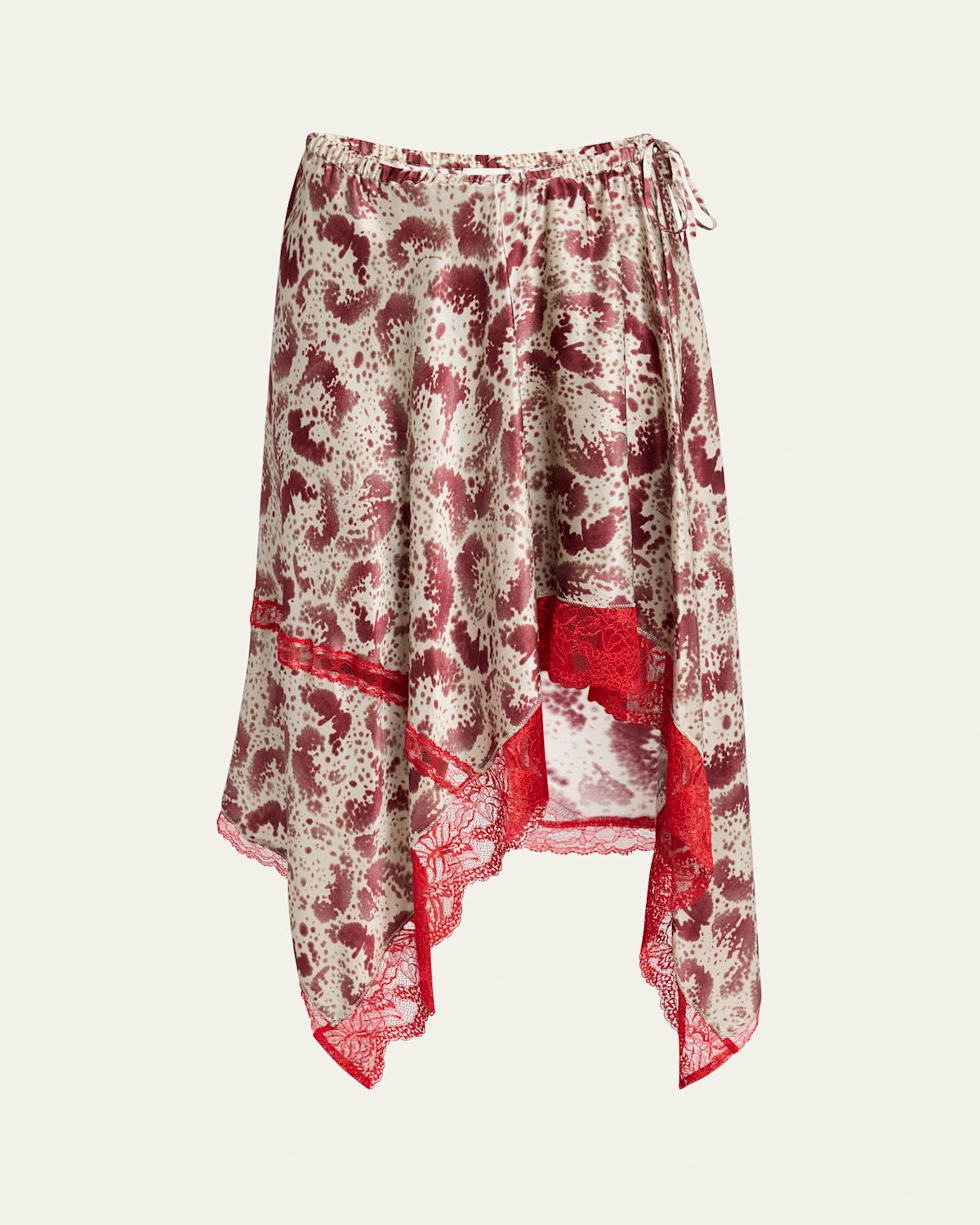 Dries Van Noten Shake Printed Lace-trim Handkerchief Silk Skirt In Burgundy