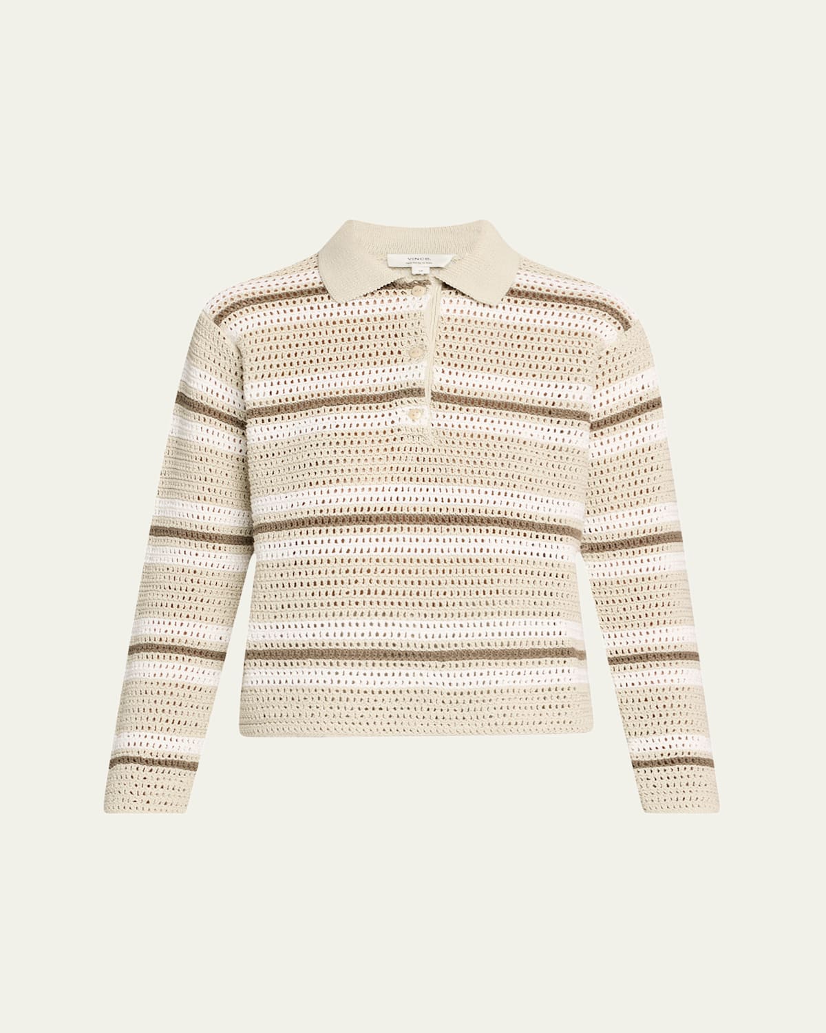 Vince Mesh Stripe Button Polo Top In White Stone Combo