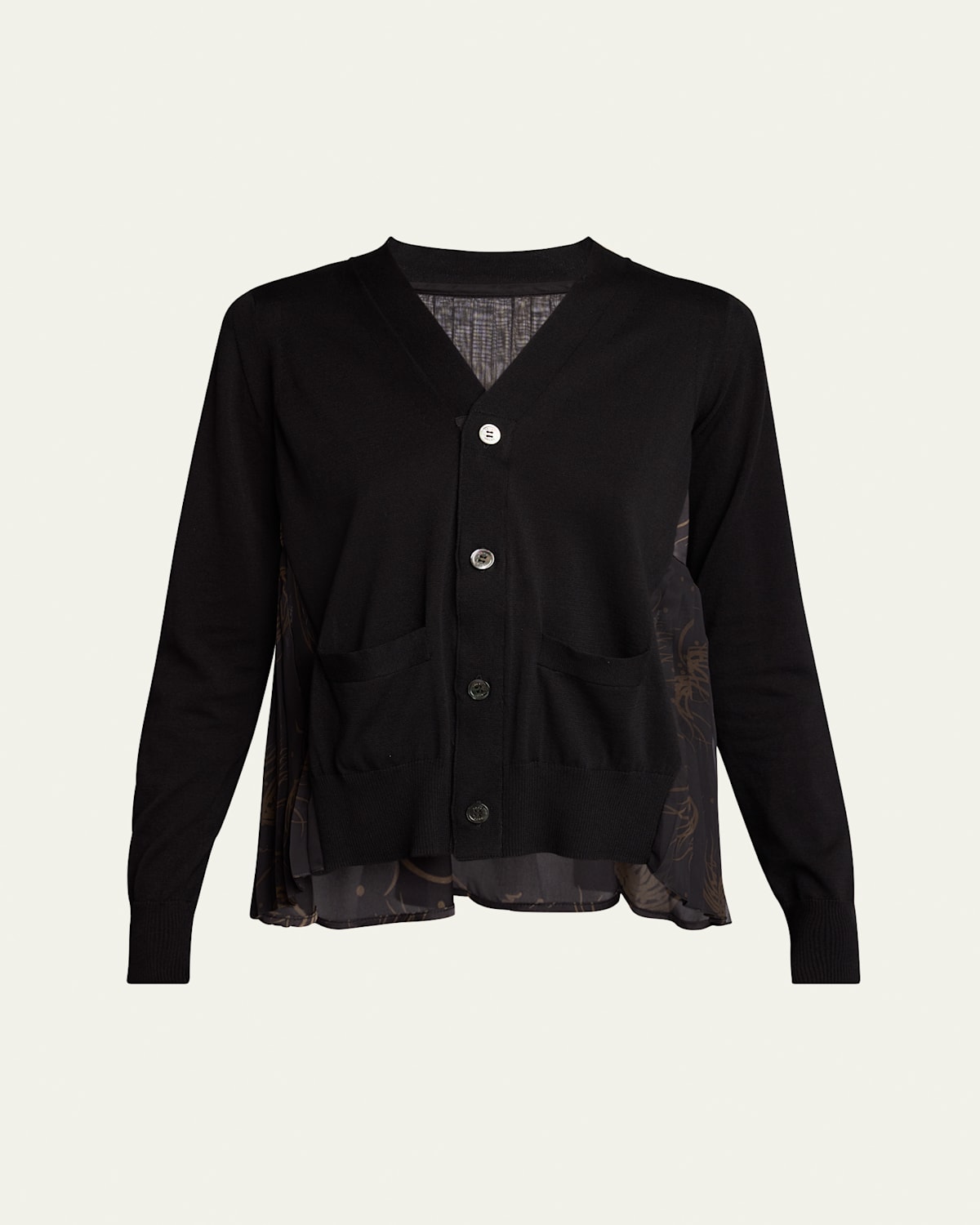 Sacai Dot Flower Print Pleated Back Cardigan In Black