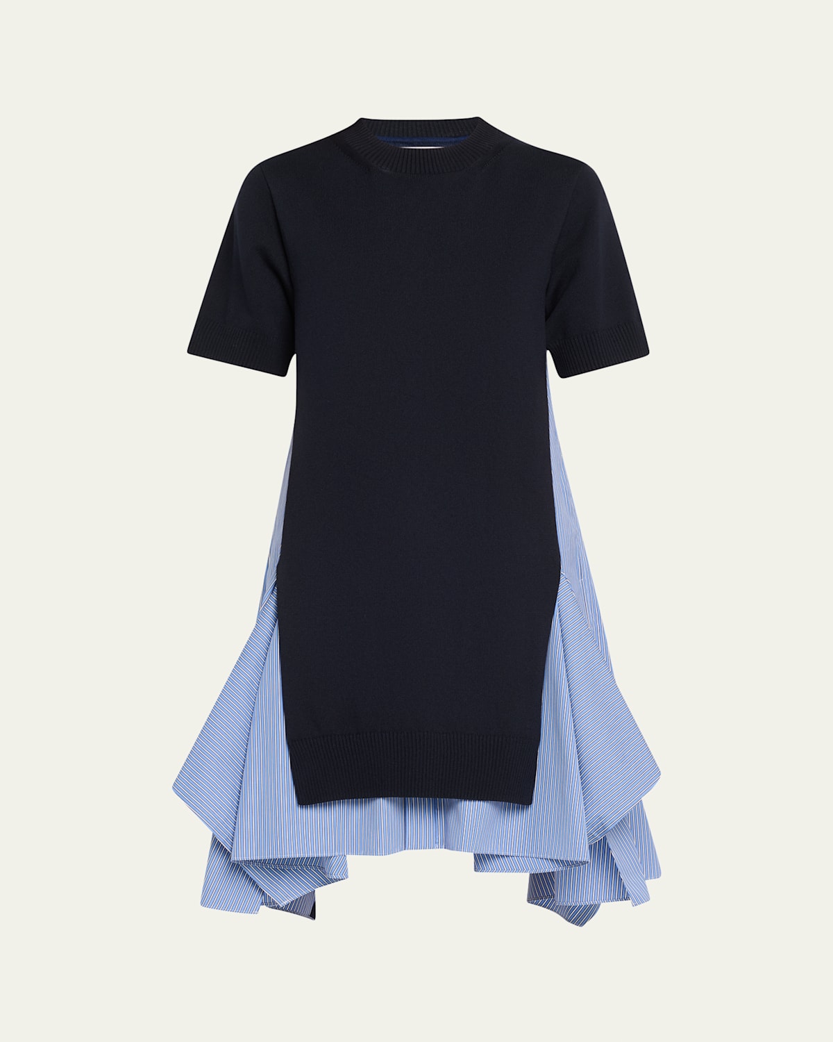 Shop Sacai Mixed-media Short-sleeve Suiting Sweater Dress In Navy X Blue Stripe
