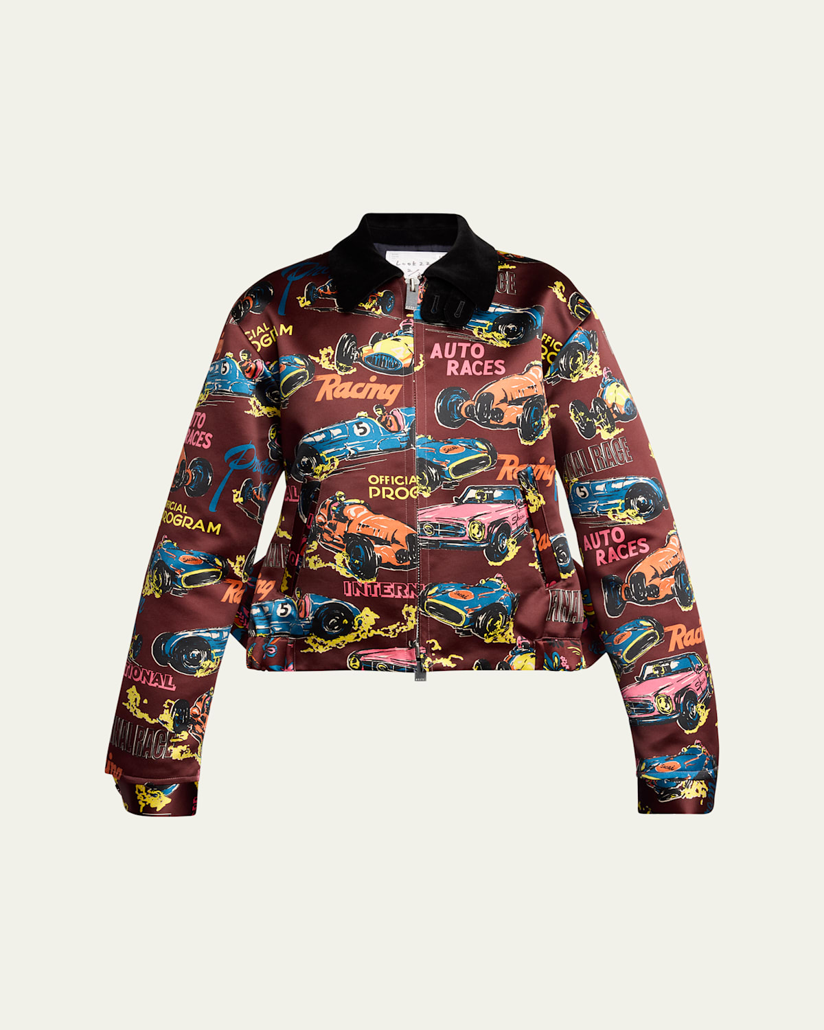 Sacai Car Print Collared Jacket In Bordeaux