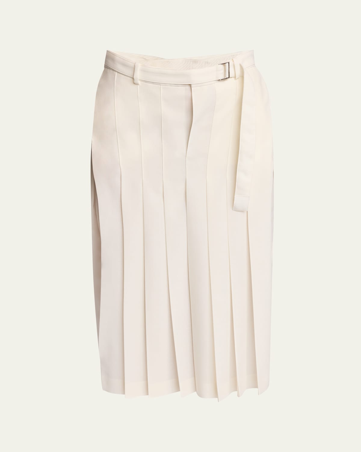 Sacai Belted Denim-trimmed Pleated Satin Midi Wrap Skirt In Off White