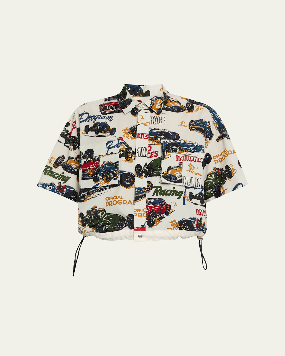SACAI CAR PRINT CROPPED DRAWCORD BLOUSE 