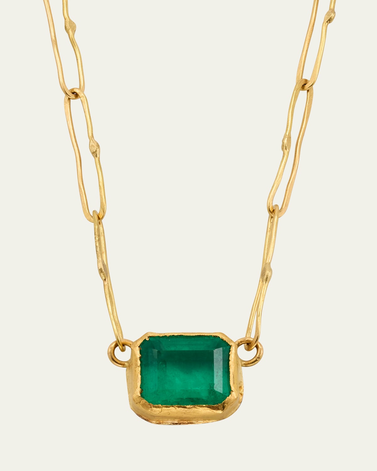 18K Gold Rectangular Colombian Emerald Echo Necklace on Handmade Chain, 17"L