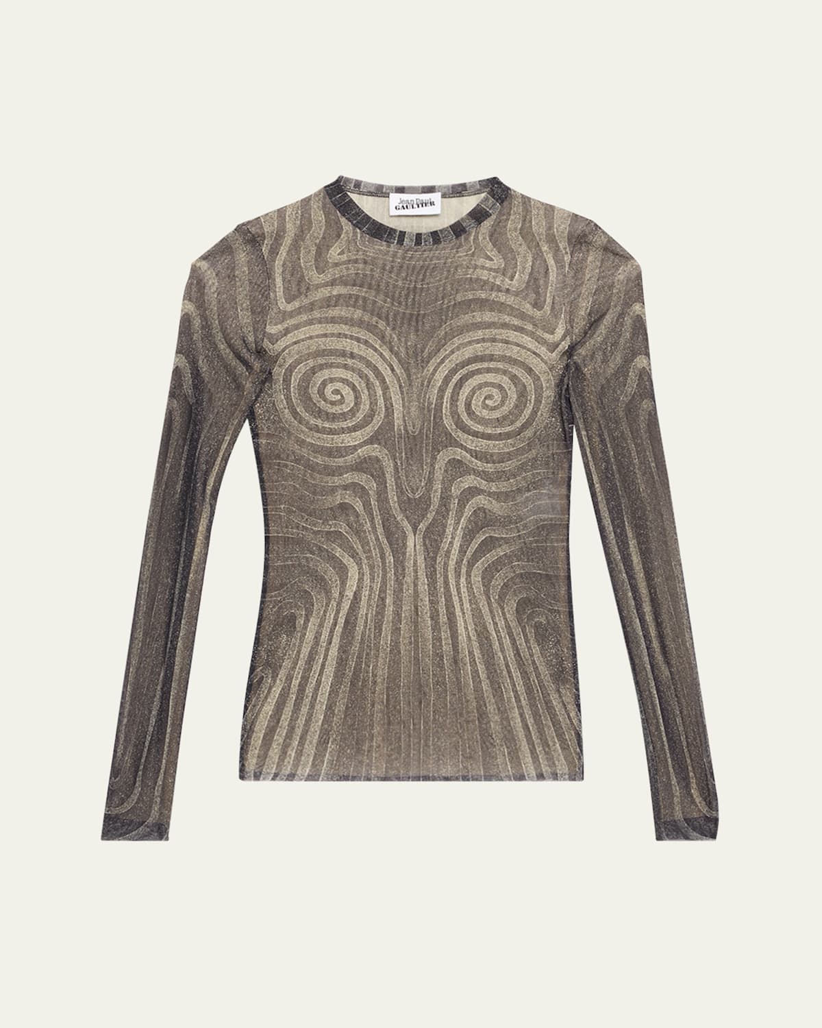 Jean Paul Gaultier Mesh Top With Geometric Pattern And Spiral Print In Blackgreyecru