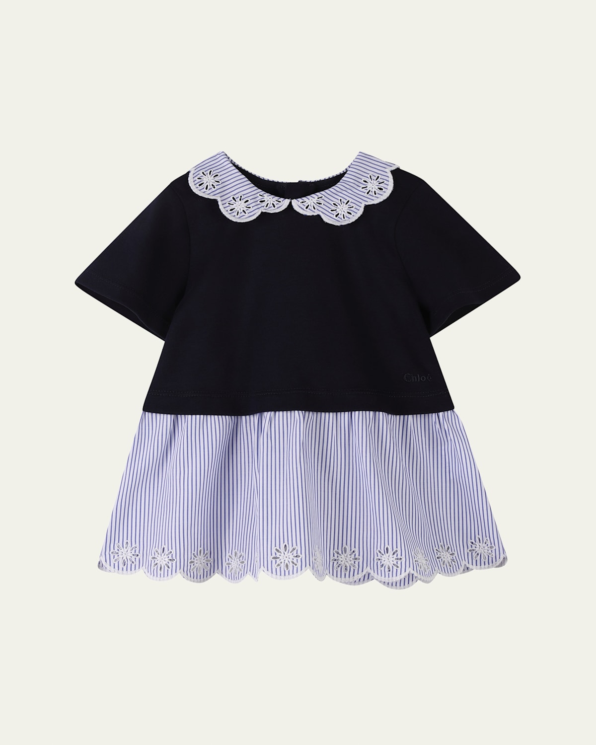 Chloé Girl's Short-sleeve Embroidered Combo Dress In White Blue