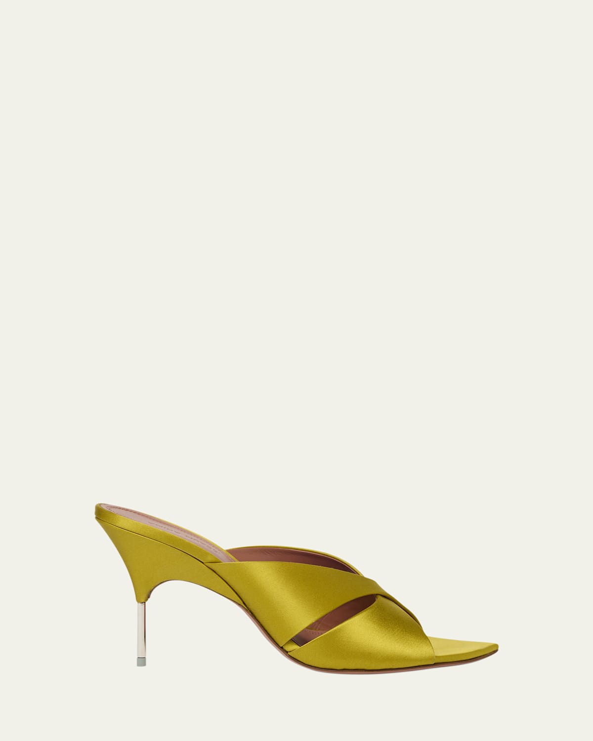 Shop Amina Muaddi Samantha Crisscross Satin Metal-heel Sandals In Lime