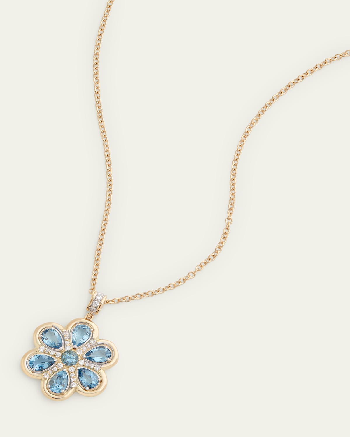 18K Yellow and White Gold Floral Pendant Necklace with Aquamarine and Diamonds