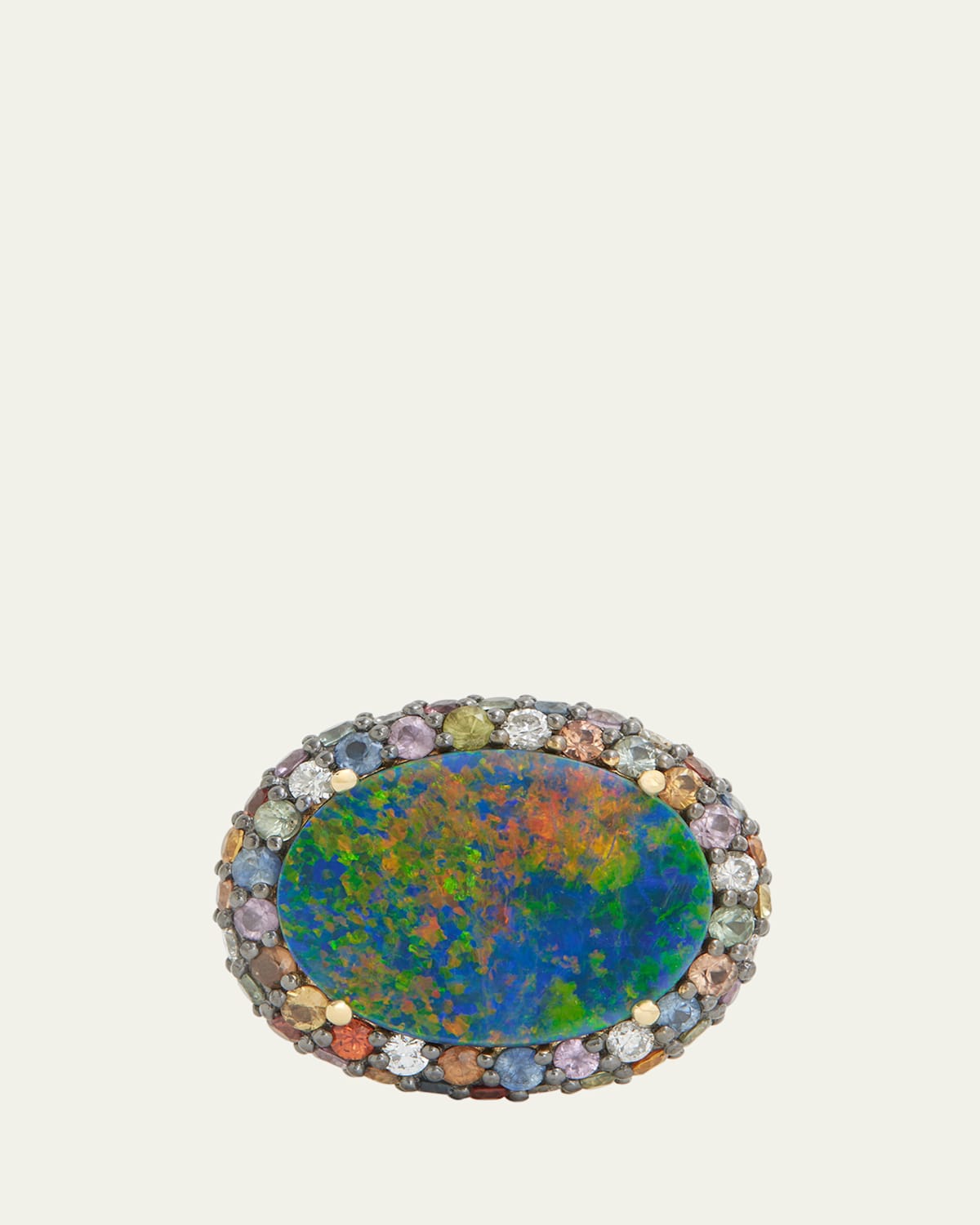 18K Yellow Gold Opal Ring with Blackened Multi-Color Sapphires & Diamonds, Size 6