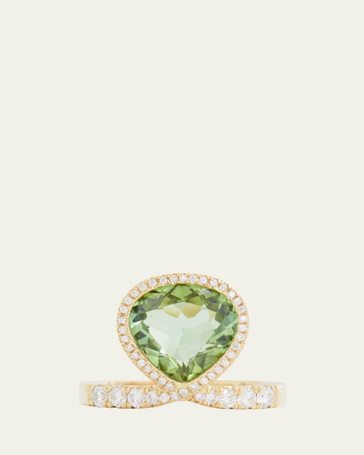 18K Yellow Gold Elevated Green Tourmaline Ring with Diamonds, Size 6