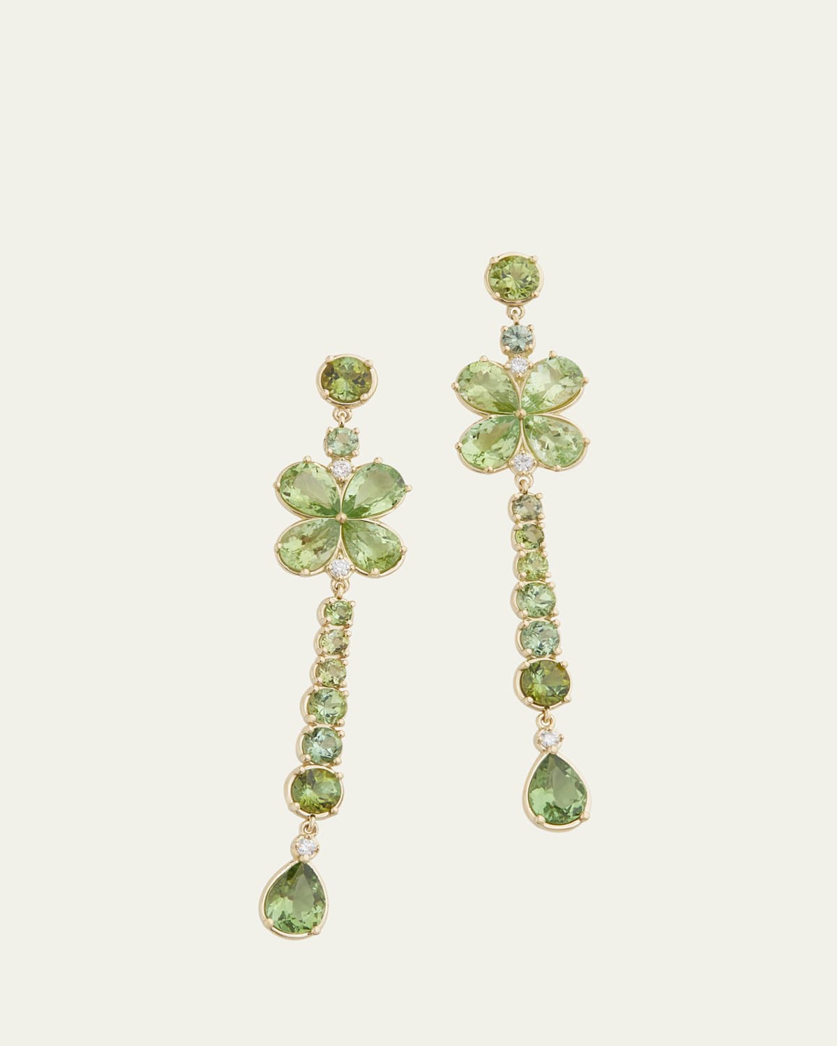18K Yellow Gold Long Floral Earrings with Green Tourmaline & Diamonds