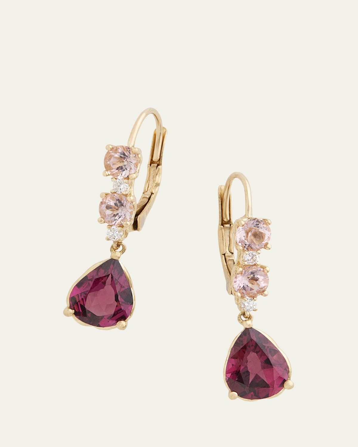 18K Yellow Gold Morganite & Rhodolite Drop Earrings with Diamonds