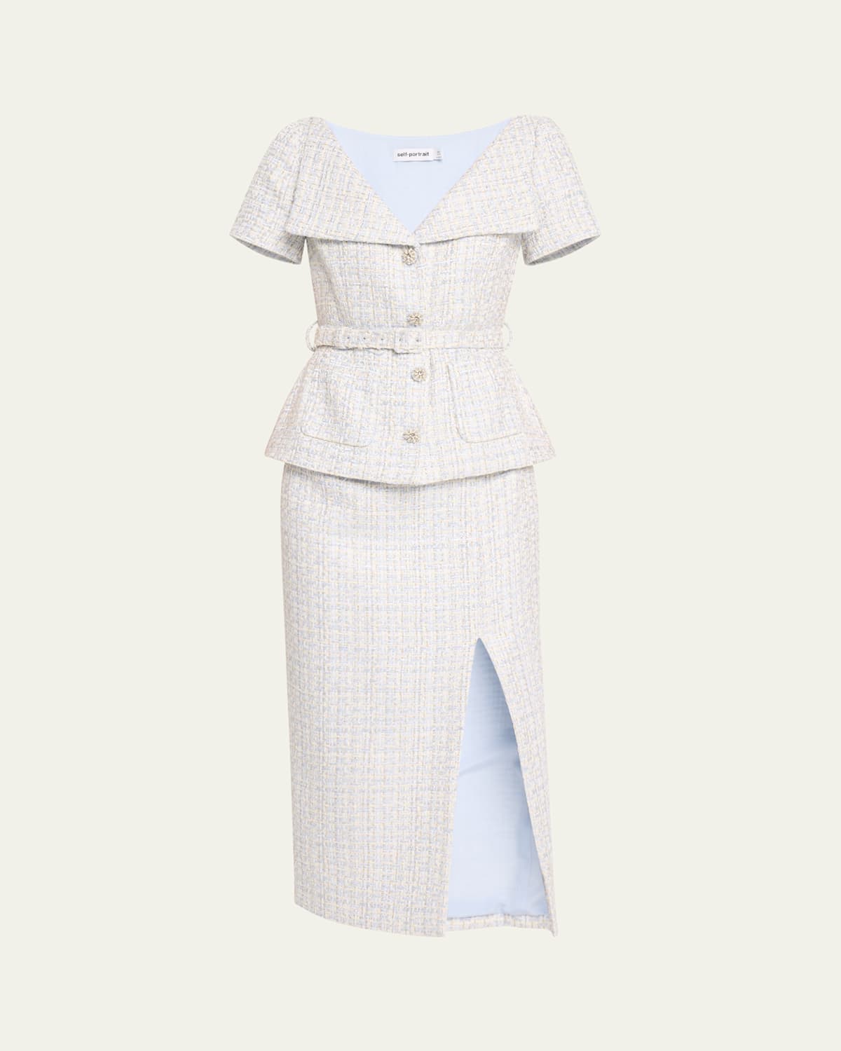 Self-portrait Belted Boucle Midi Dress In Blue