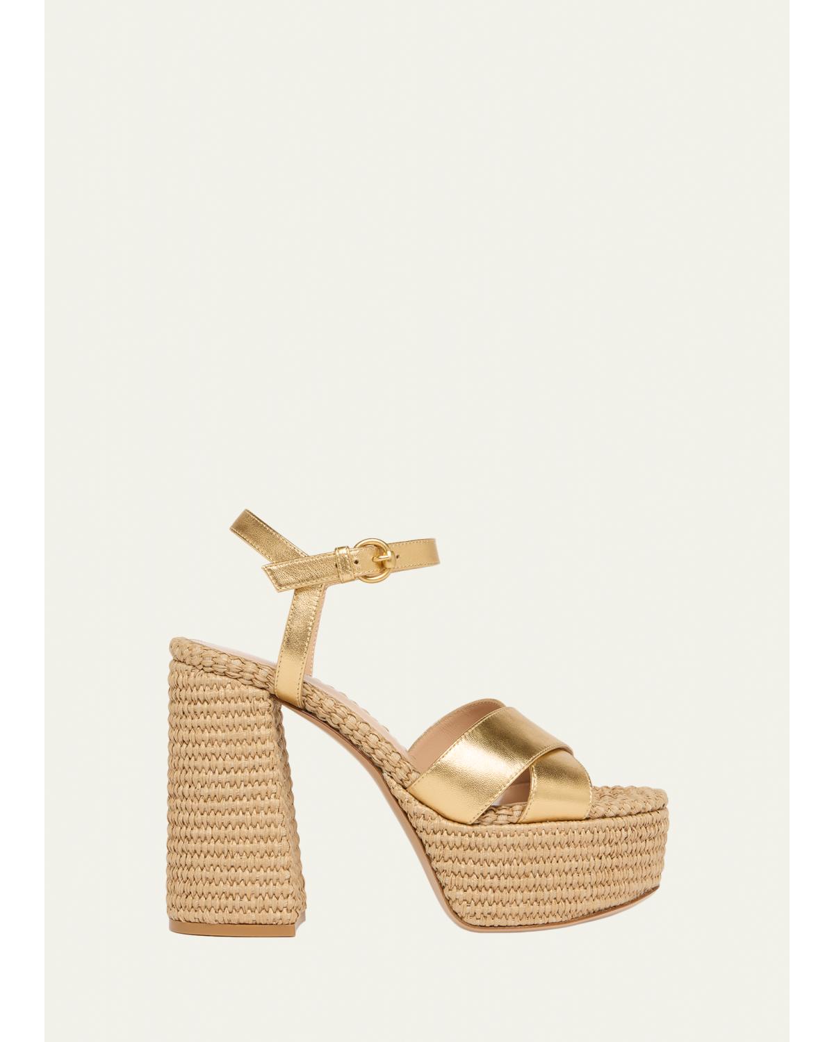 Metallic Raffia Crisscross Platform Sandals