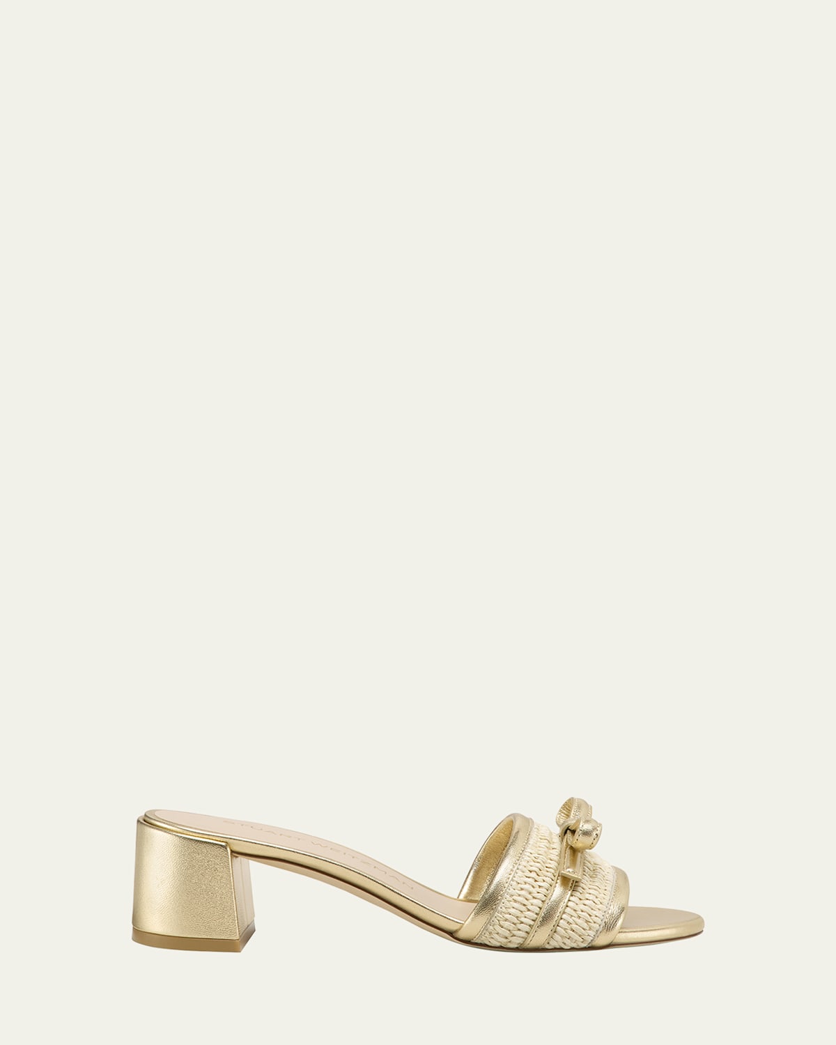 Stuart Weitzman Felicity Raffia Metallic Bow Mule Sandals