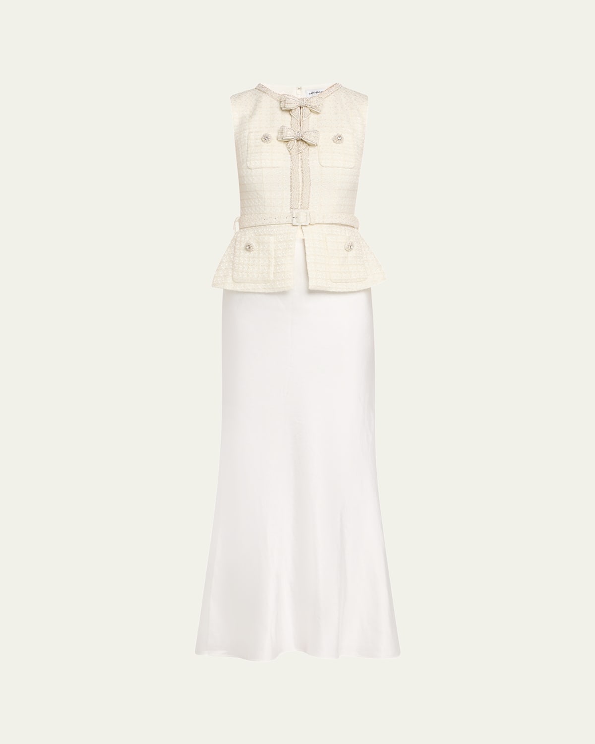 Self-portrait Embellished Boucle Mixed-media Midi Dress In Beige