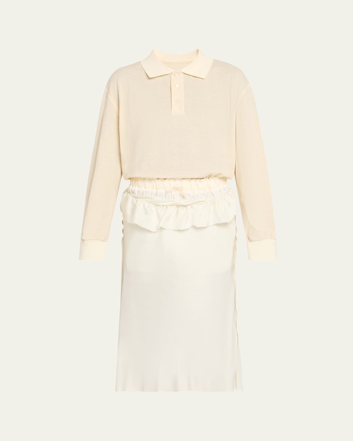Maison Margiela White Midi Dress With Polo Collar And Gathered Waist