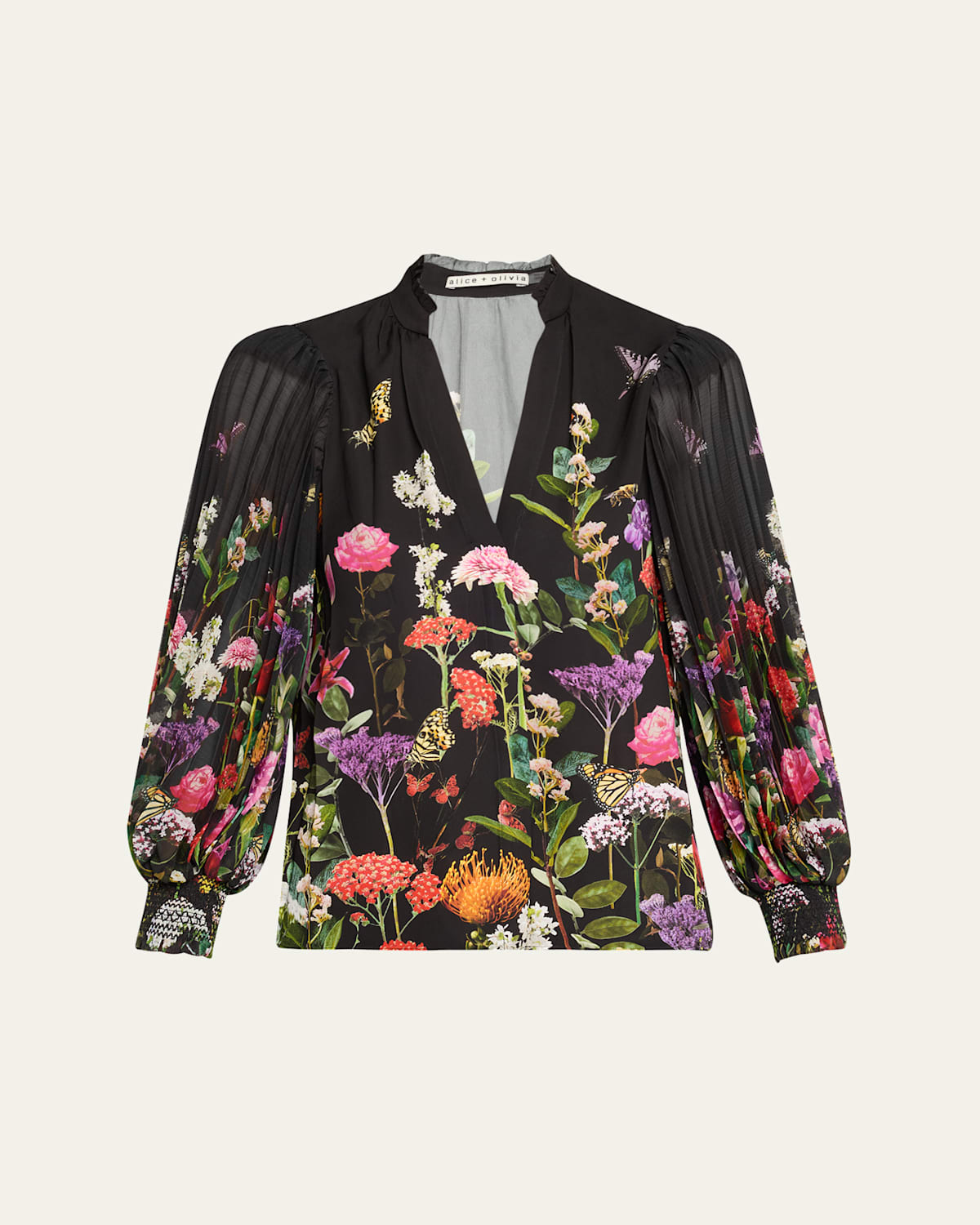 Alice And Olivia Ilan Pleated Blouson Sleeve Button Front Blouse Secret Garden In Secret Garden