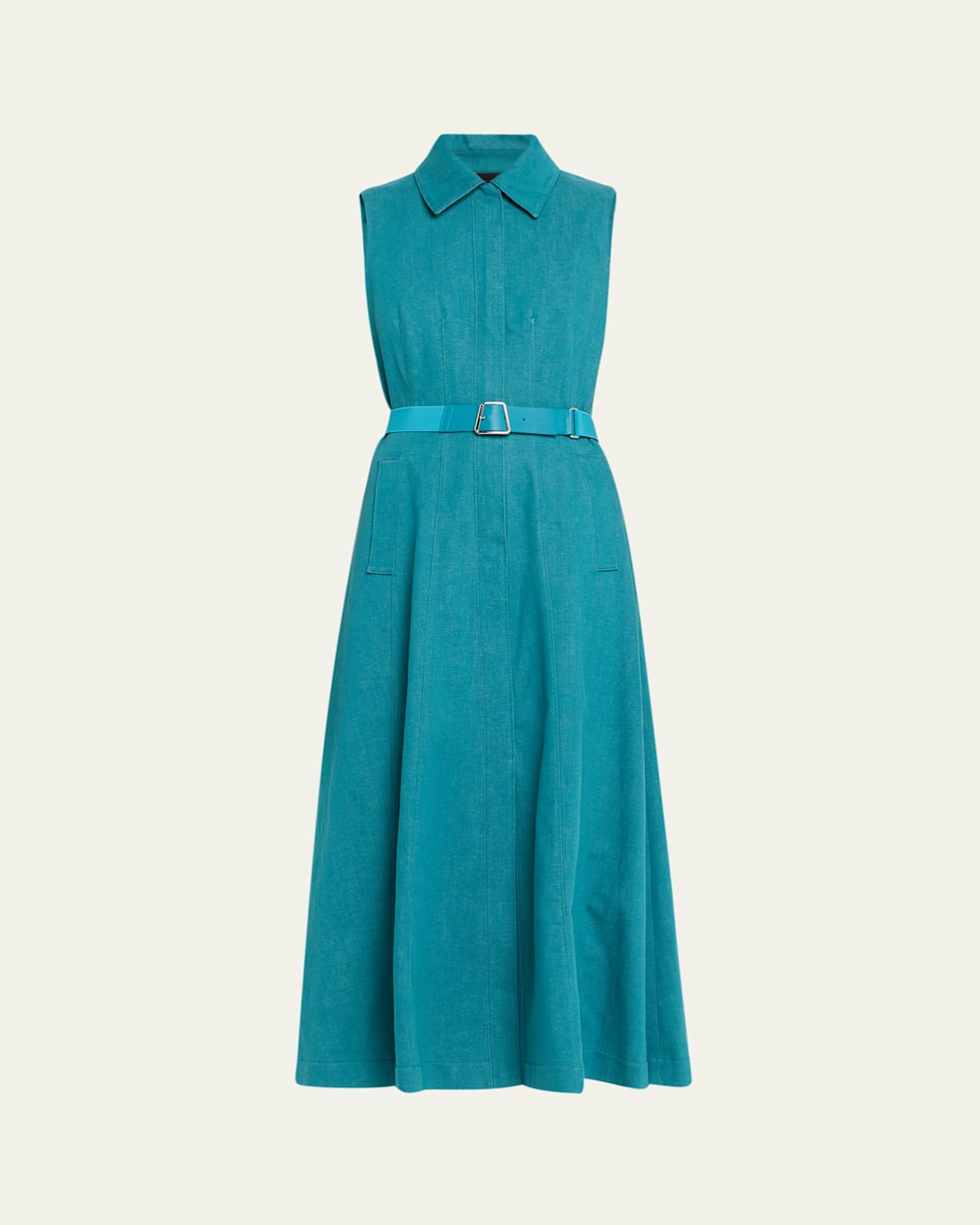 Sleeveless Belted Denim Midi Shirtdress