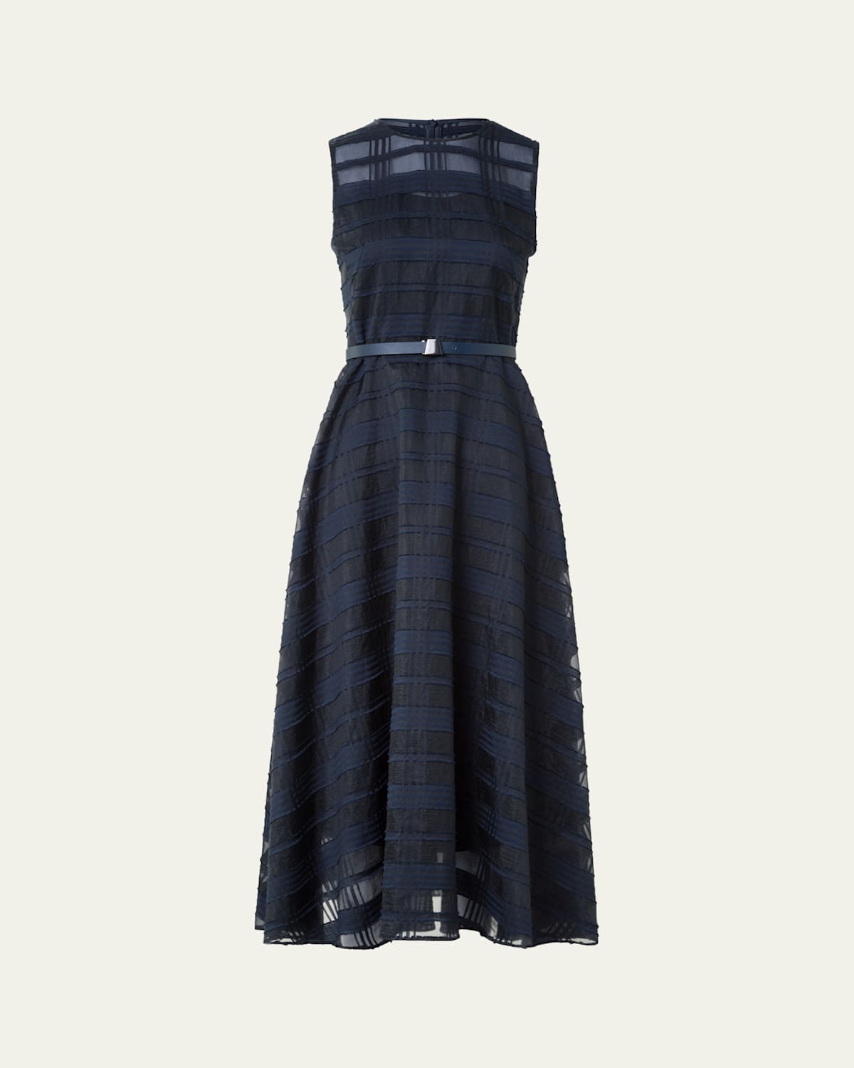 Akris Organdy Plaid Sleeveless A-line Midi Dress With Belt