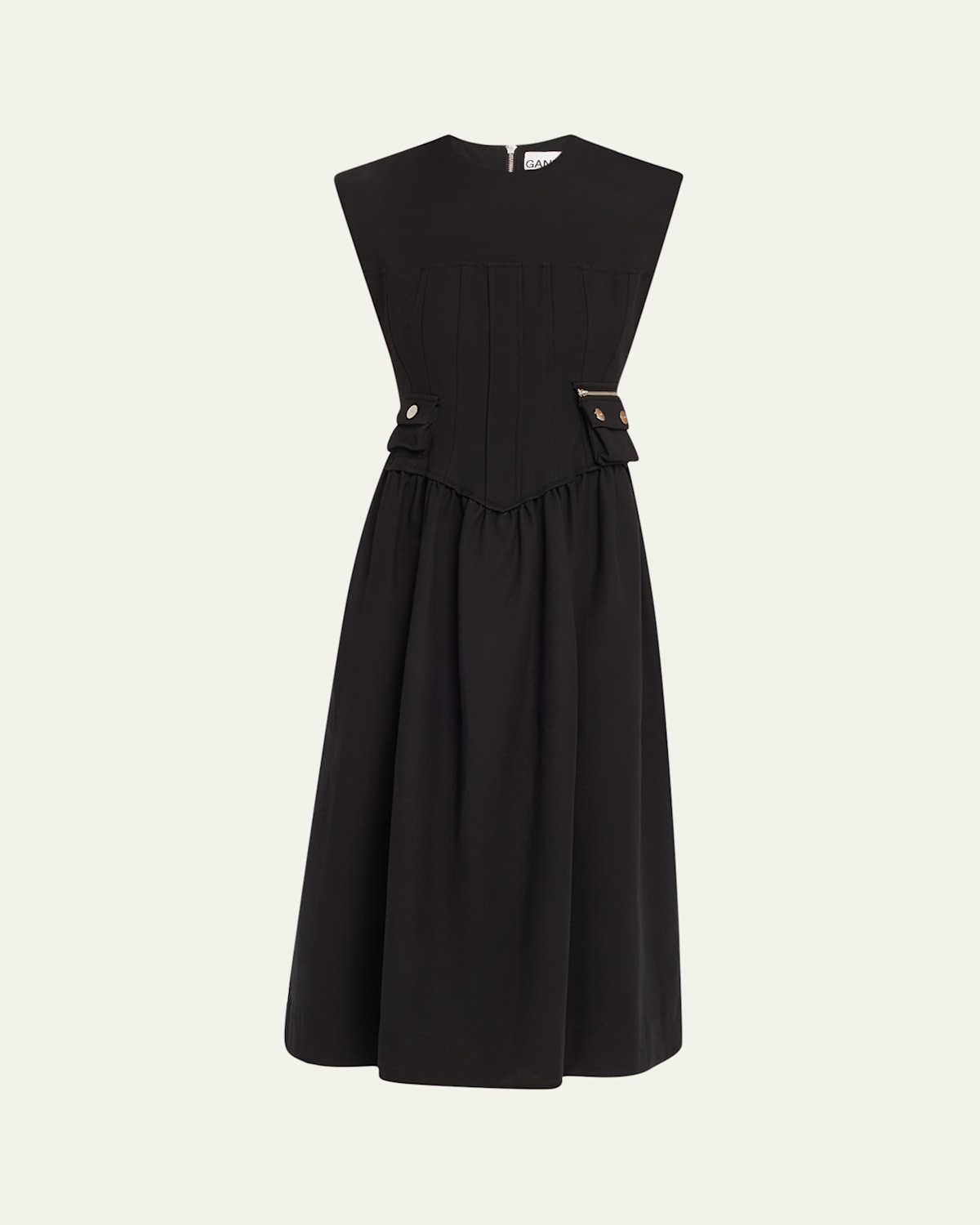 Ganni Tailored Cotton Corset Midi Dress In Black