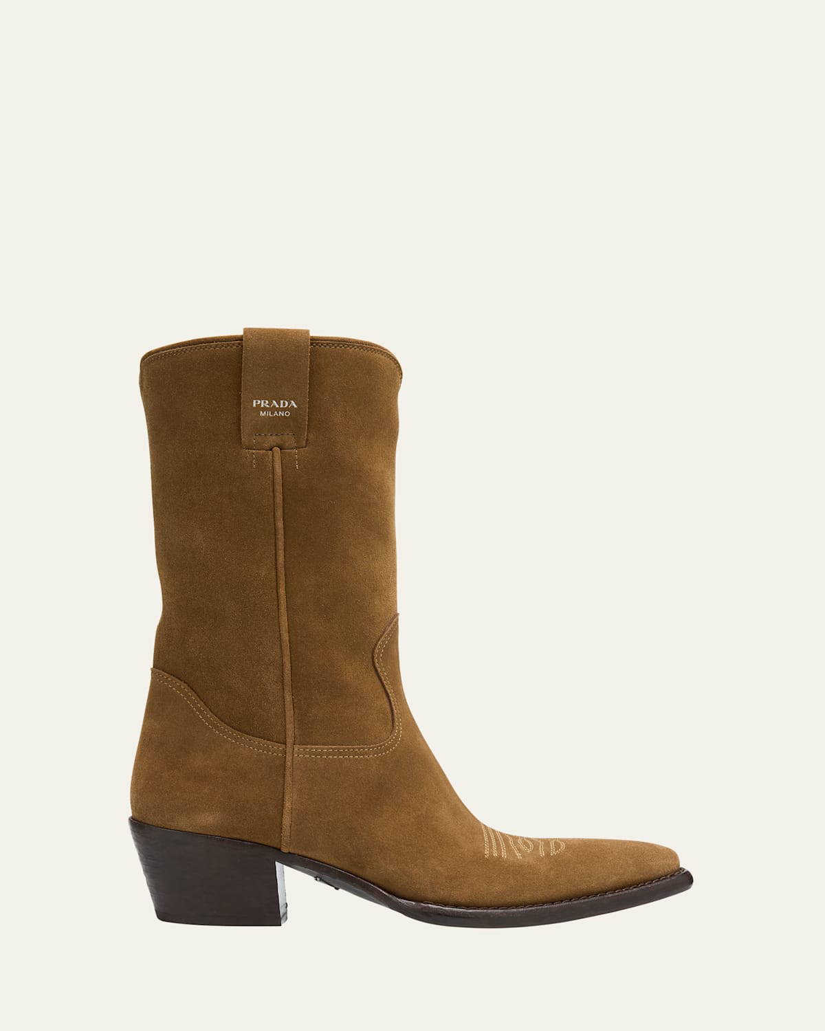 Prada Suede Heeled Western Ankle Boots 55 In Tabacco