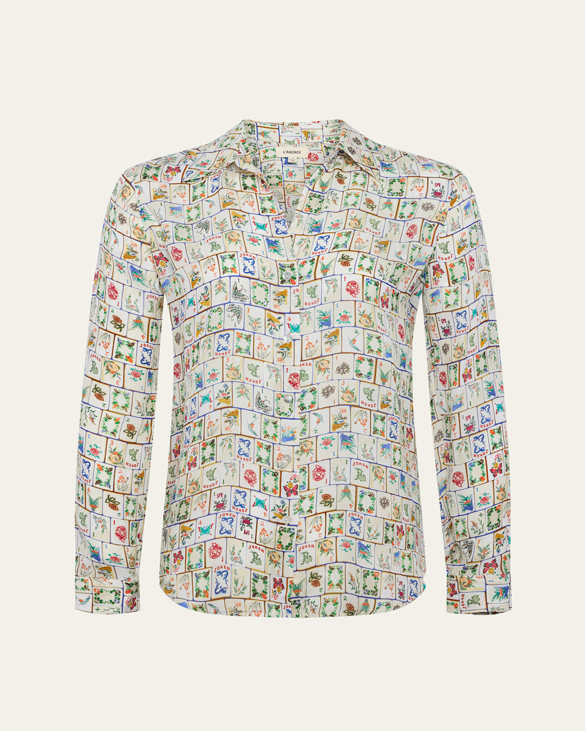 L Agence Nina Mahjong Button-front Silk Blouse In Vintage White Multi Mahjong