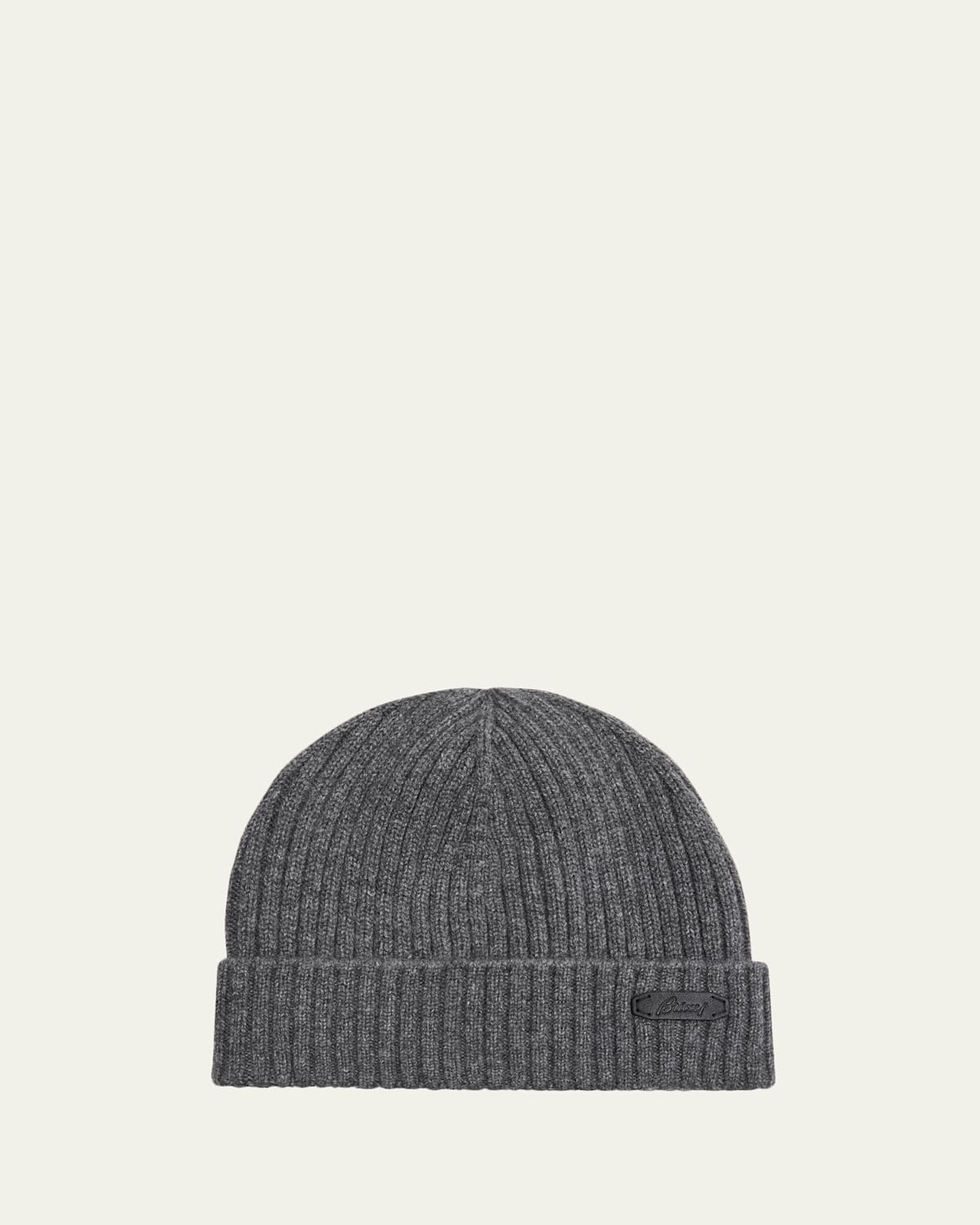 Brioni Men's Cashmere Rib Leather-label Beanie Hat In Gray