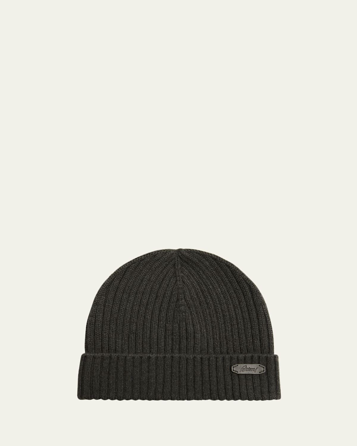 Brioni Men's Cashmere Rib Leather-Label Beanie Hat | Thumbnail 4