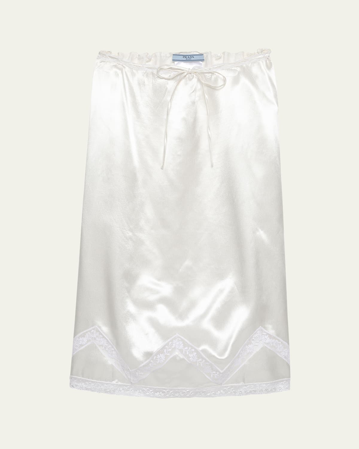 Prada Drawstring Lace Trim Satin Midi Skirt In F0009 Bianco