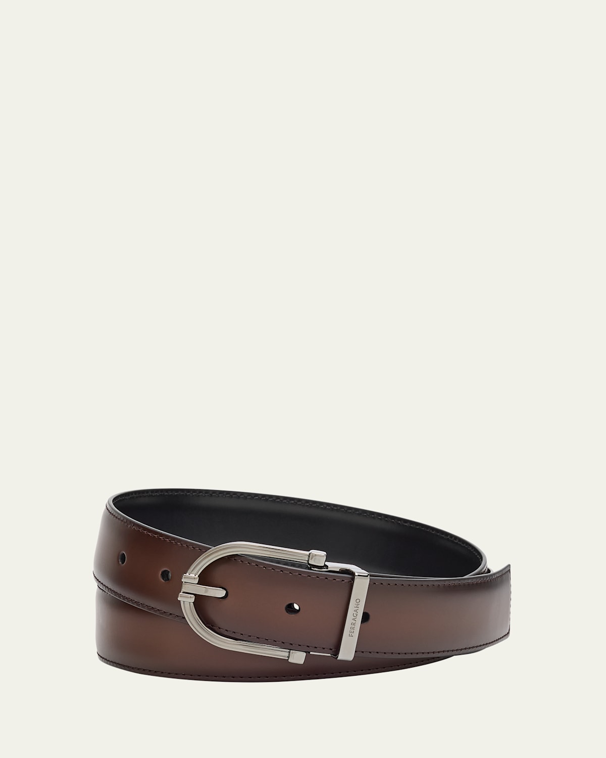 Ferragamo Men's Reversible Leather Curve-buckle Belt In Brown